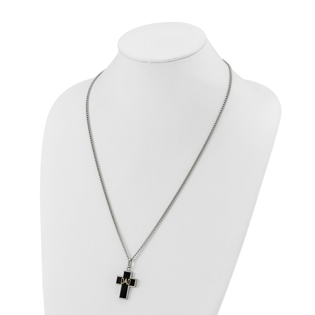 Men's Polished Diamond DAD Black Enamel Stainless Steel 14K Gold Accent Curb Chain Cross Necklace 2.85mm