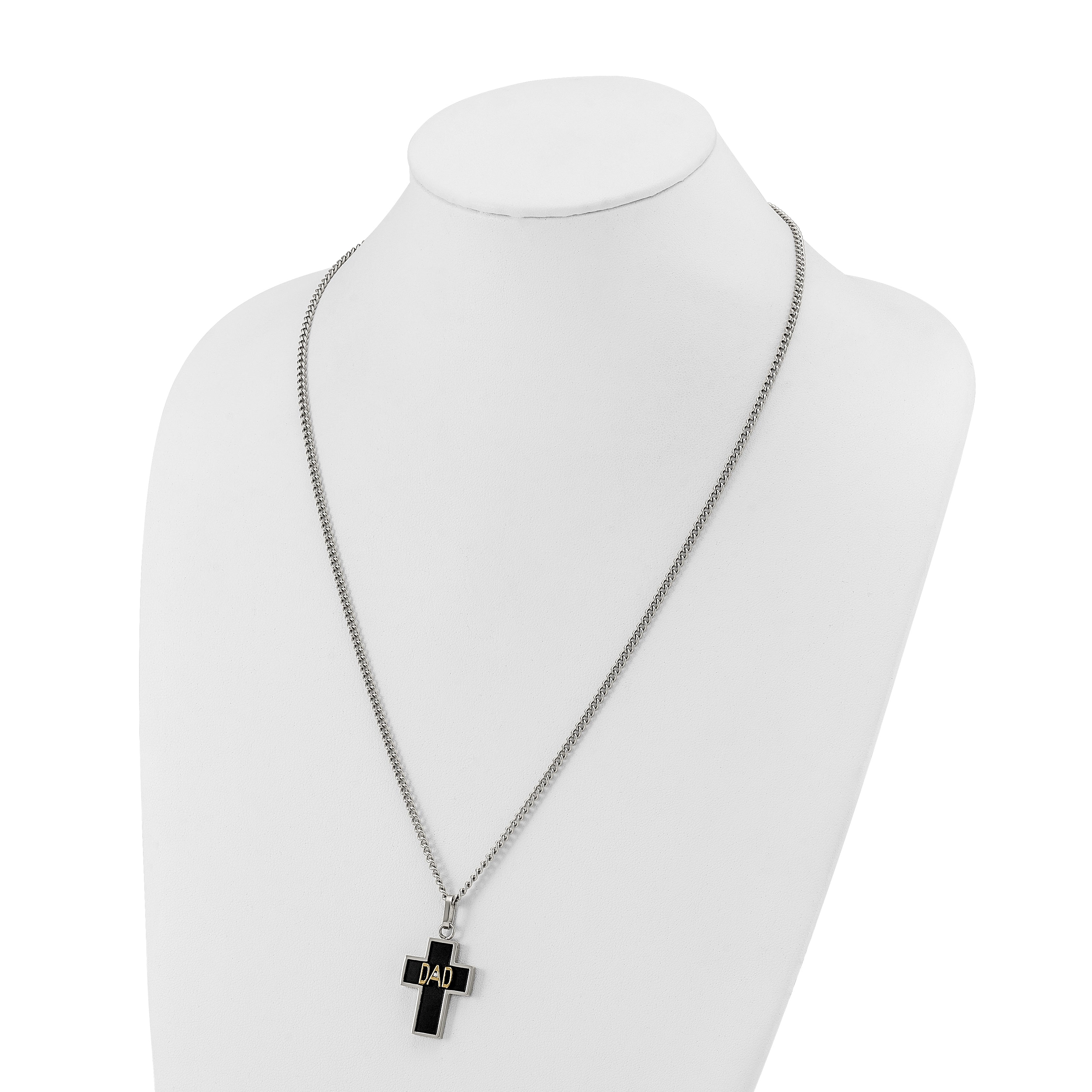Men's Polished Diamond DAD Black Enamel Stainless Steel 14K Gold Accent Curb Chain Cross Necklace 2.85mm