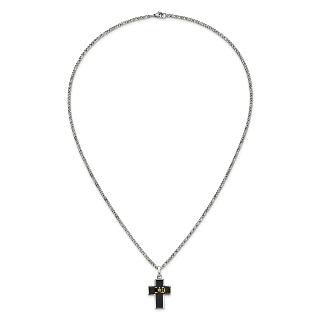 Men's Polished Diamond DAD Black Enamel Stainless Steel 14K Gold Accent Curb Chain Cross Necklace 2.85mm