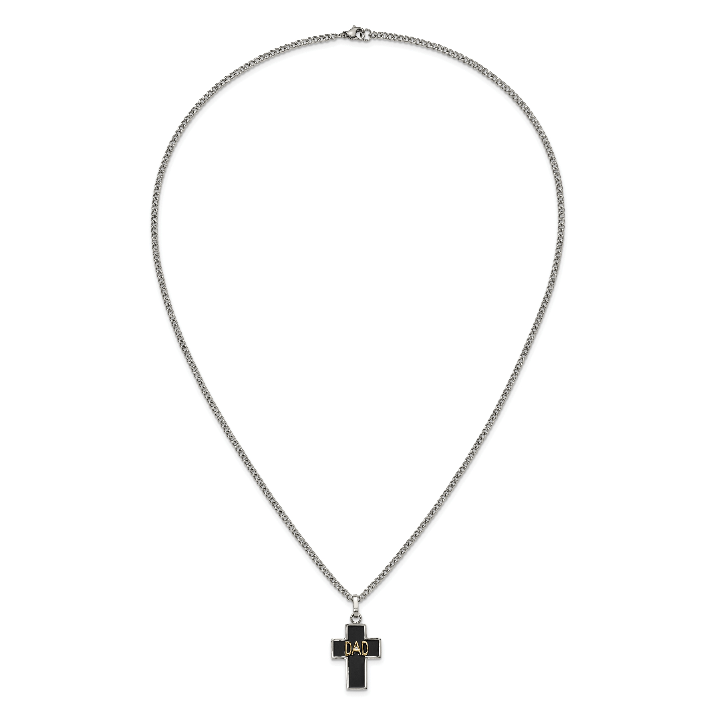 Men's Polished Diamond DAD Black Enamel Stainless Steel 14K Gold Accent Curb Chain Cross Necklace 2.85mm