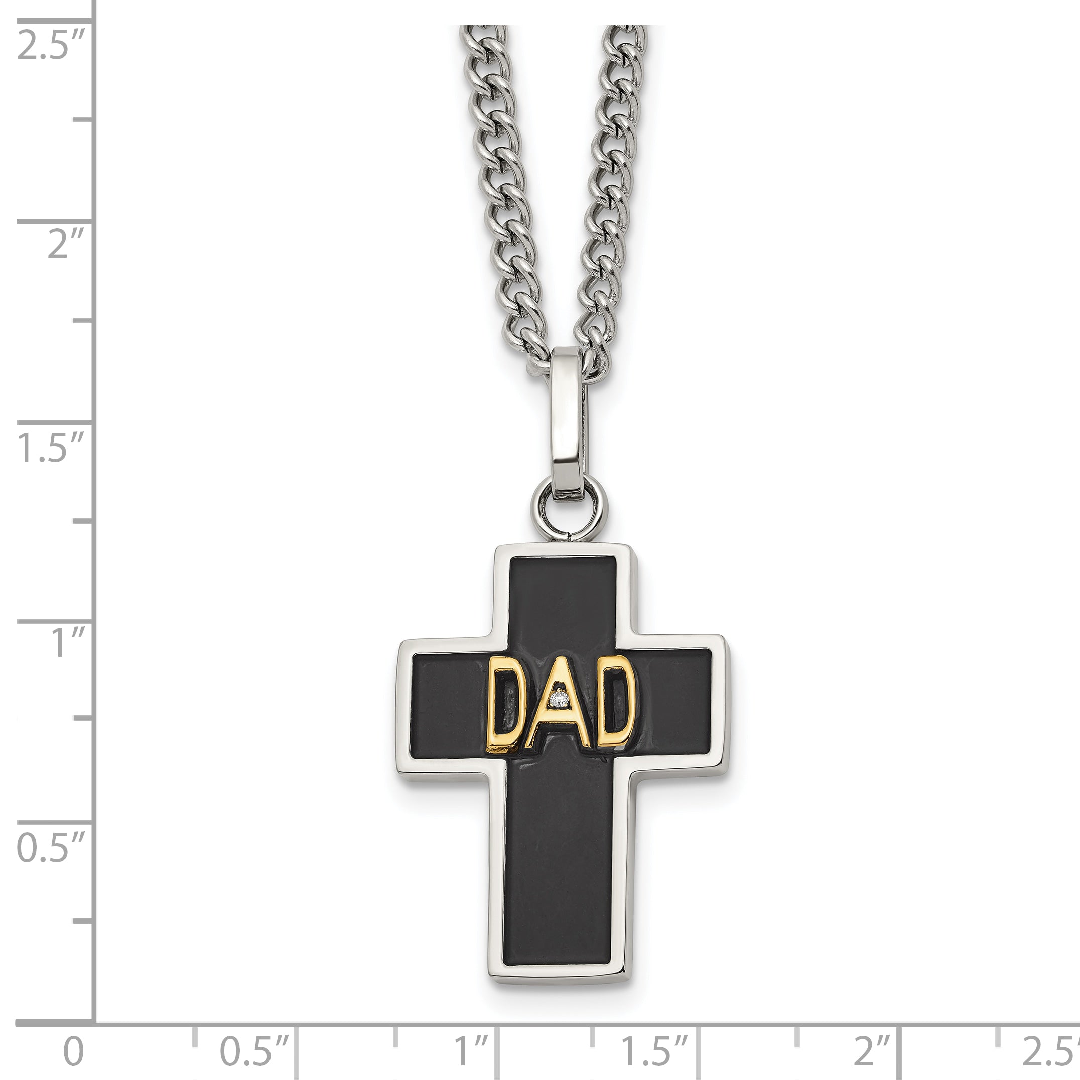 Men's Polished Diamond DAD Black Enamel Stainless Steel 14K Gold Accent Curb Chain Cross Necklace 2.85mm