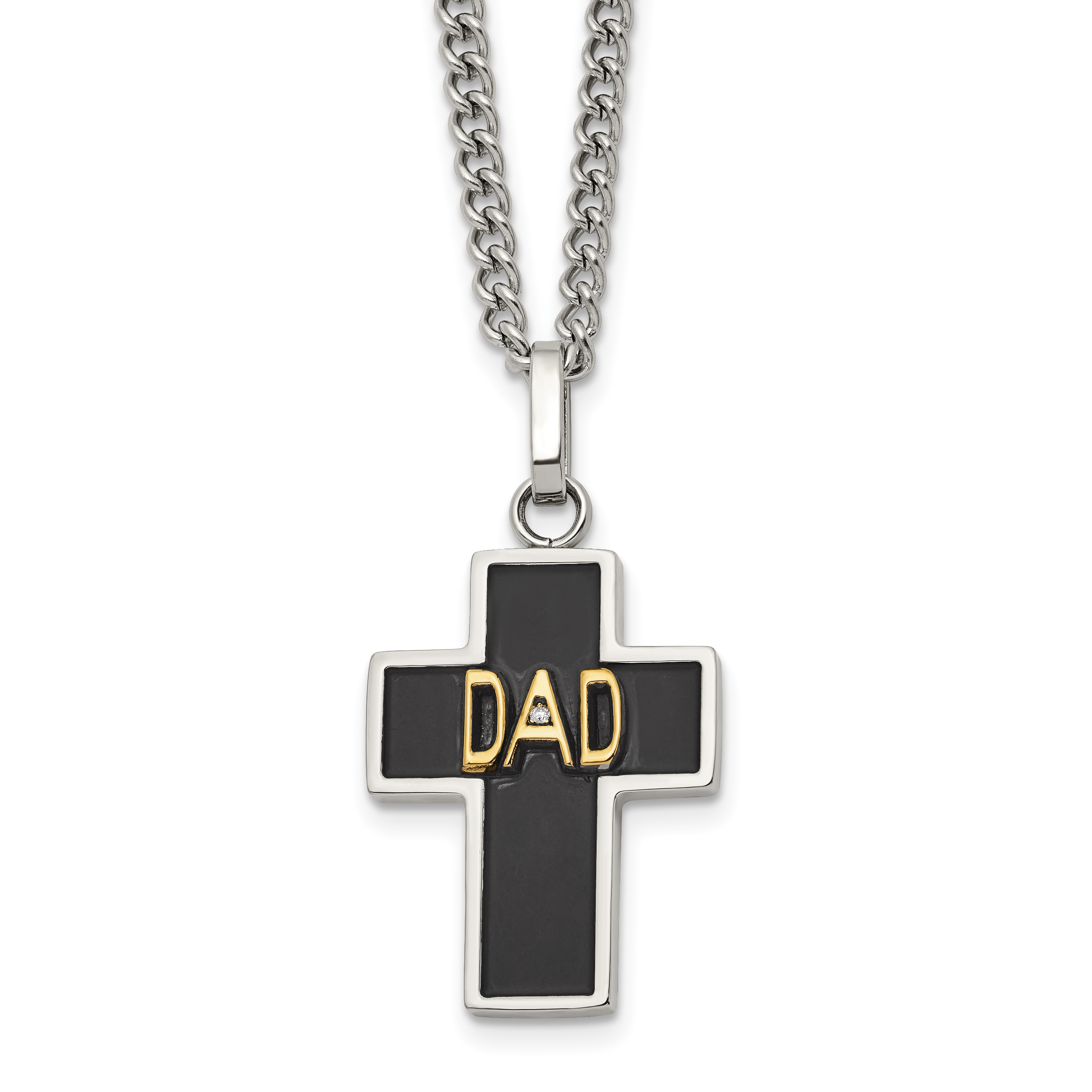 Men's Polished Diamond DAD Black Enamel Stainless Steel 14K Gold Accent Curb Chain Cross Necklace 2.85mm