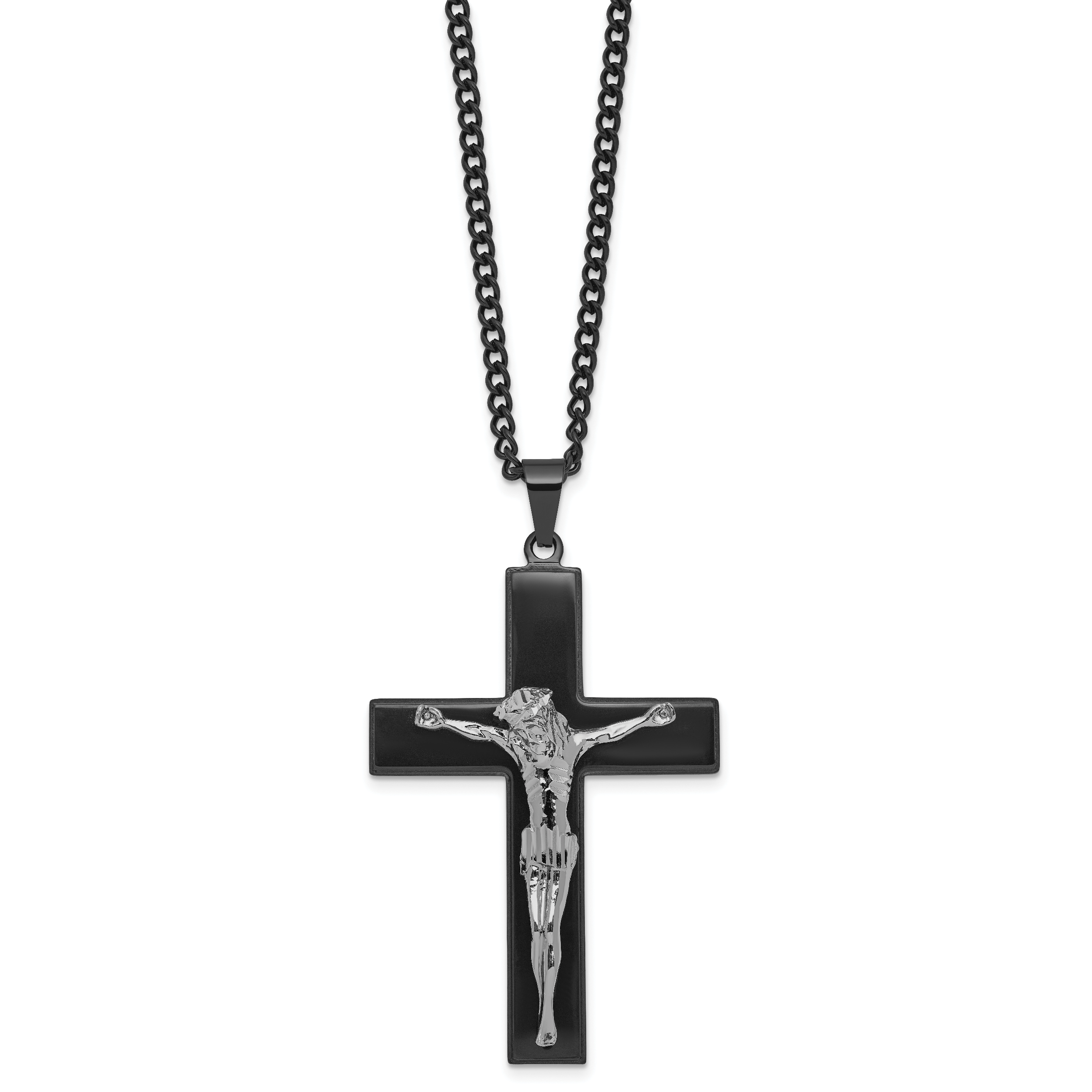 Black Ion-Plated Polished Crucifix Stainless Steel Curb Chain Necklace 2.9mm