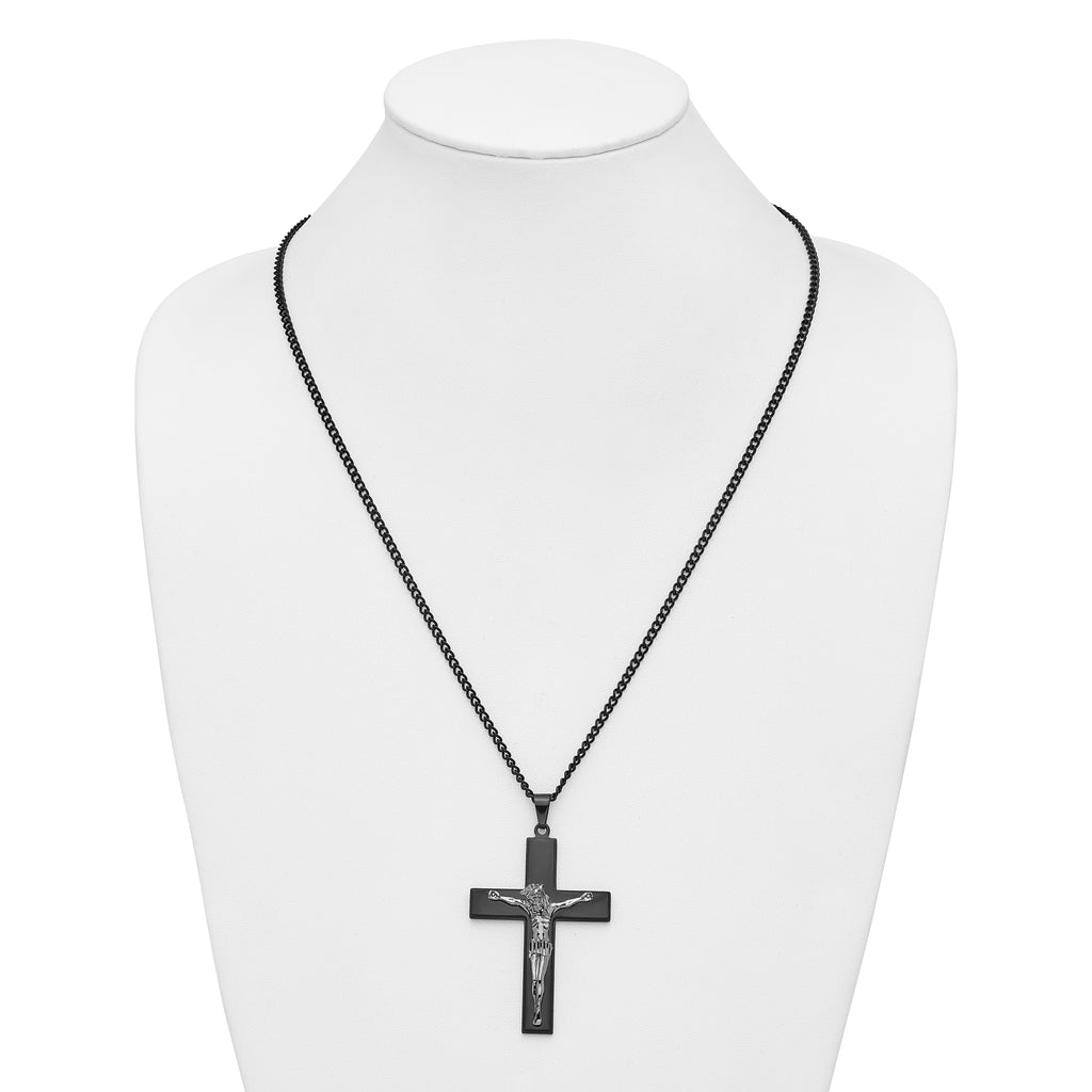 Black Ion-Plated Polished Crucifix Stainless Steel Curb Chain Necklace 2.9mm
