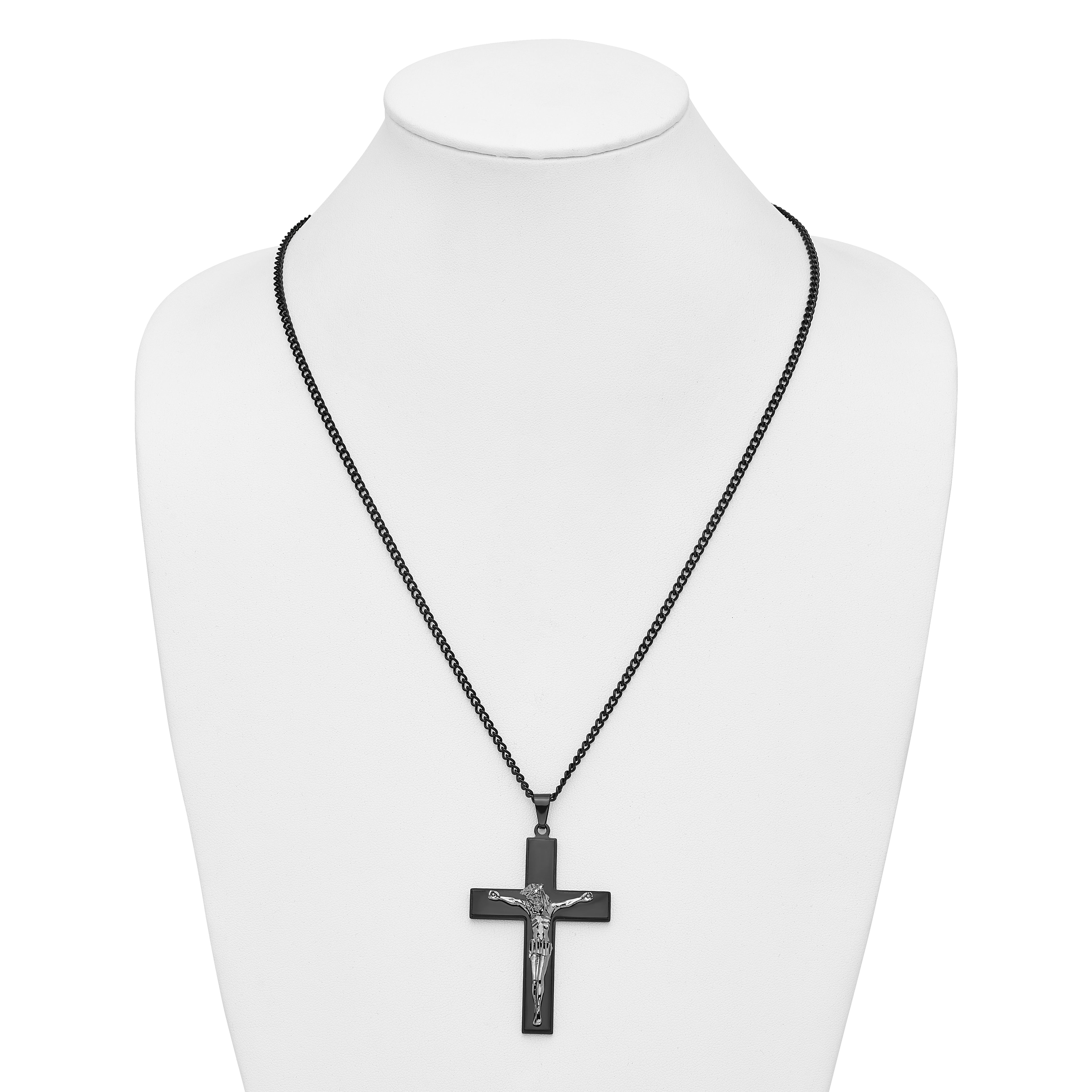 Black Ion-Plated Polished Crucifix Stainless Steel Curb Chain Necklace 2.9mm