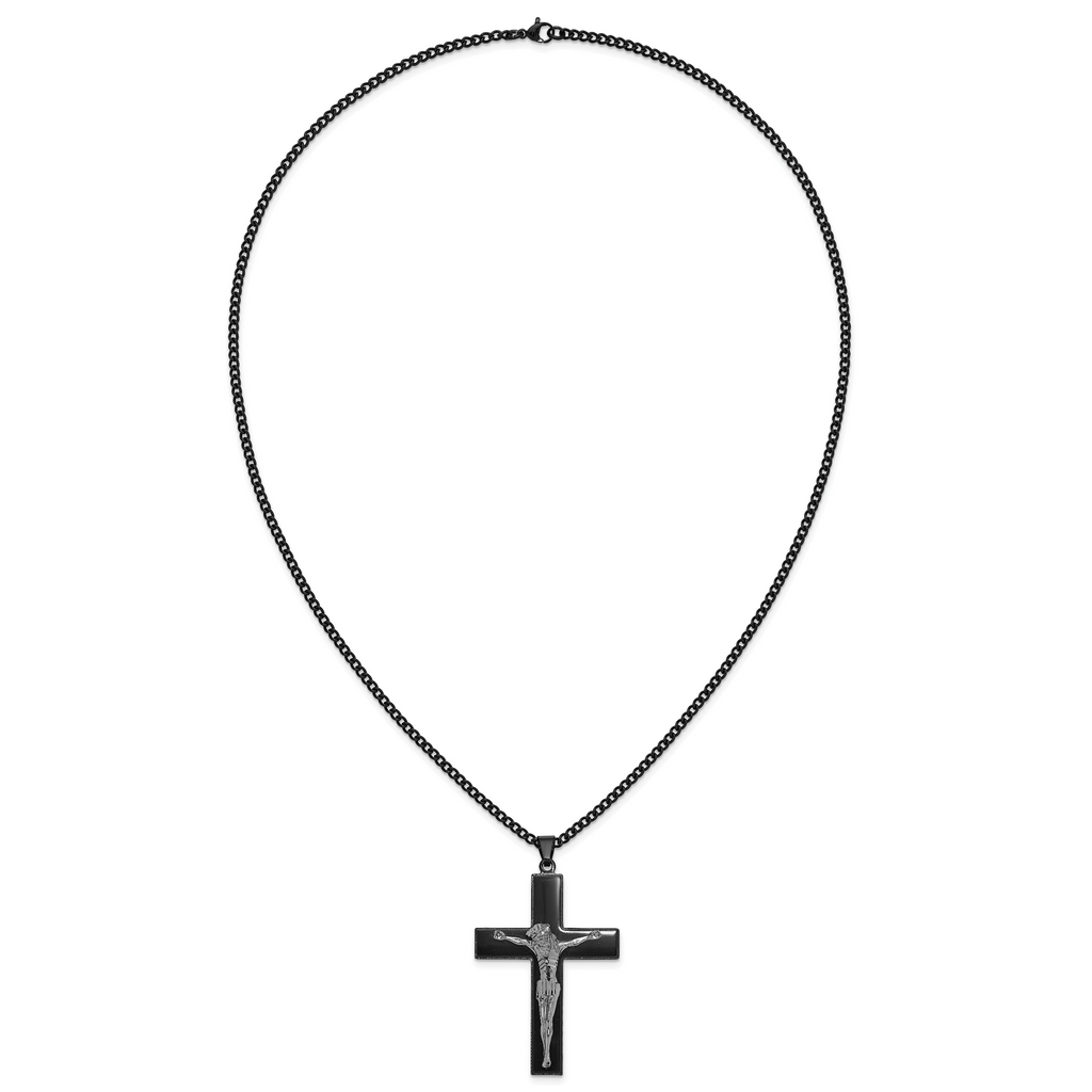 Black Ion-Plated Polished Crucifix Stainless Steel Curb Chain Necklace 2.9mm