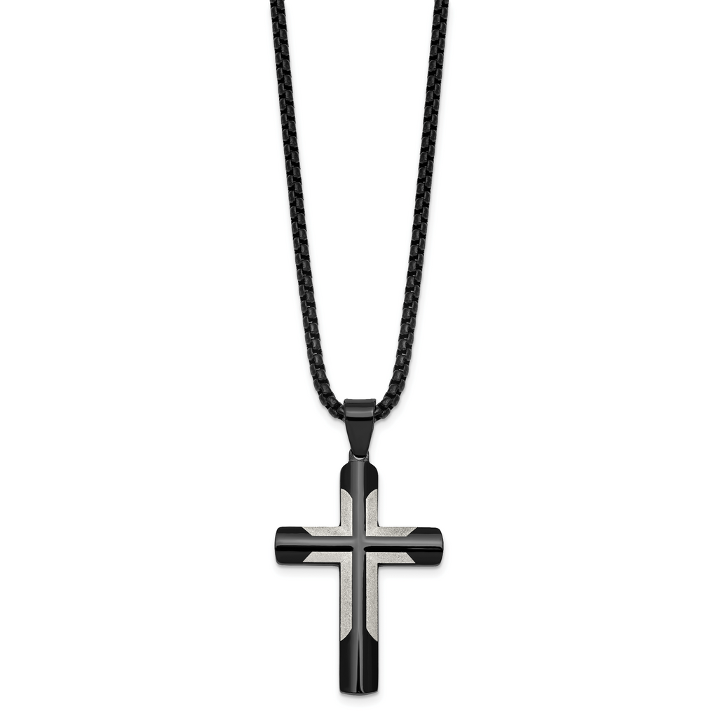 Black Ion-Plated Polished Cross Stainless Steel Rolo Chain Necklace