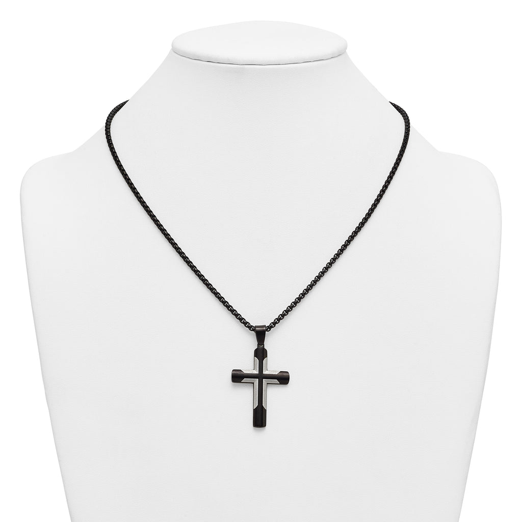 Black Ion-Plated Polished Cross Stainless Steel Rolo Chain Necklace