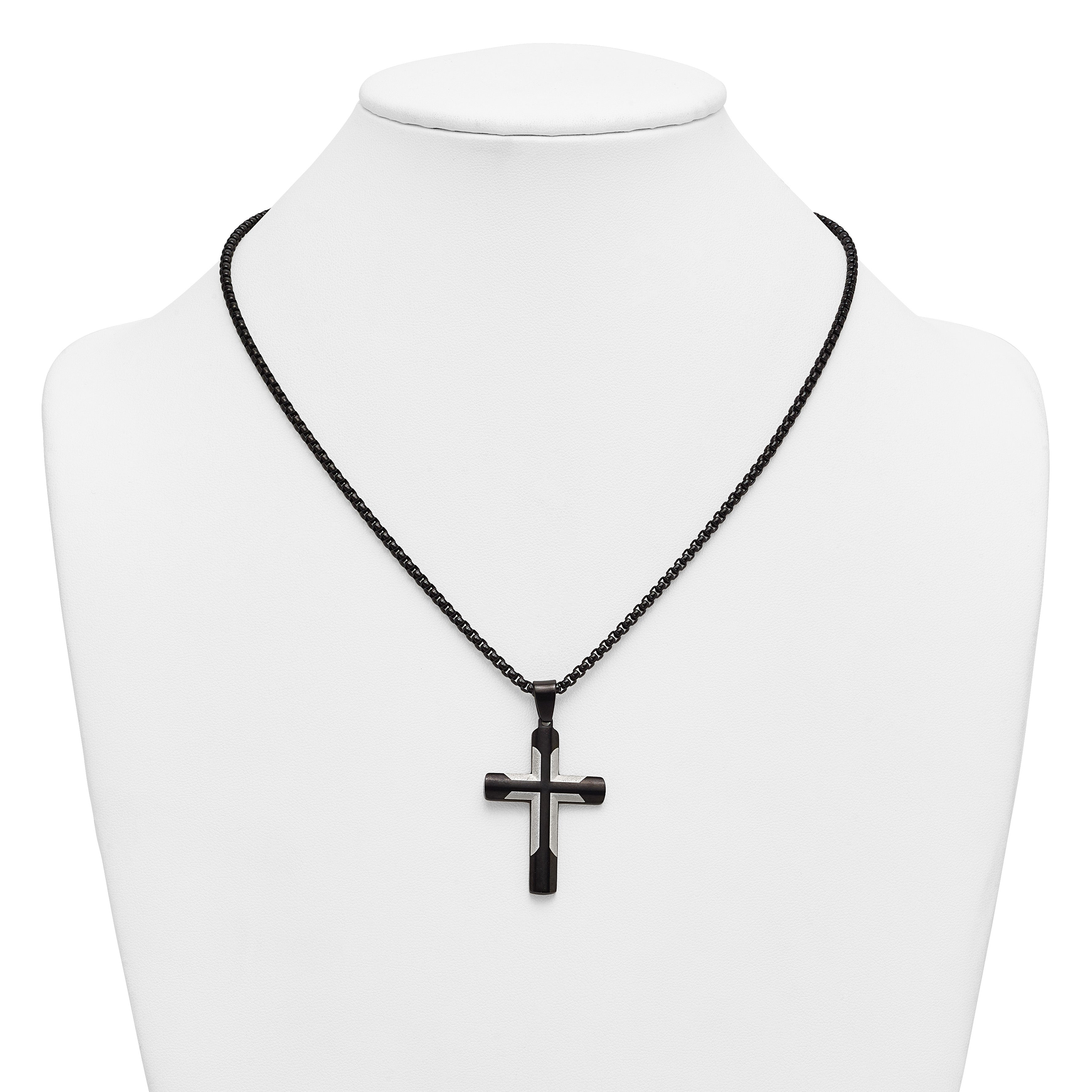 Black Ion-Plated Polished Cross Stainless Steel Rolo Chain Necklace