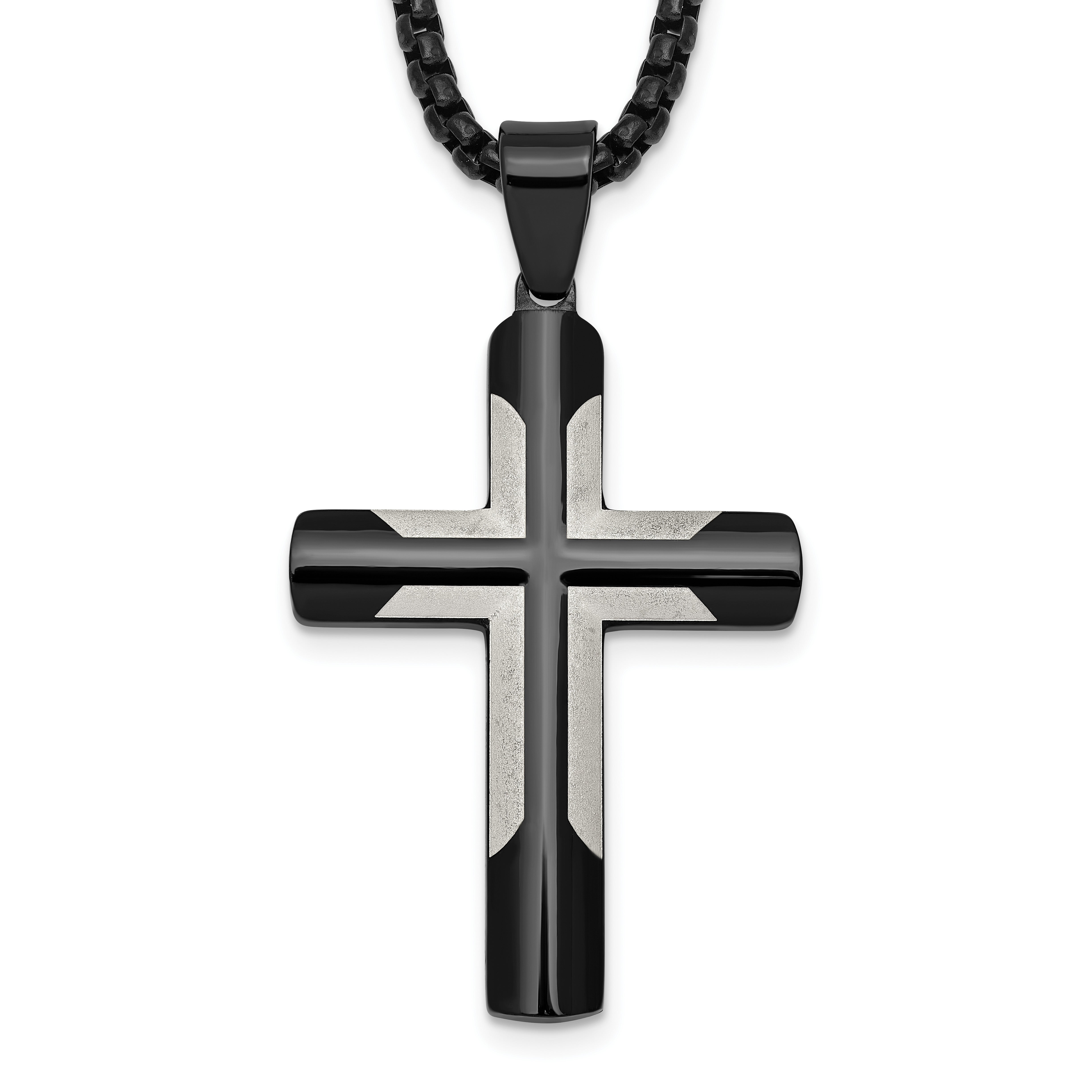 Black Ion-Plated Polished Cross Stainless Steel Rolo Chain Necklace Main image