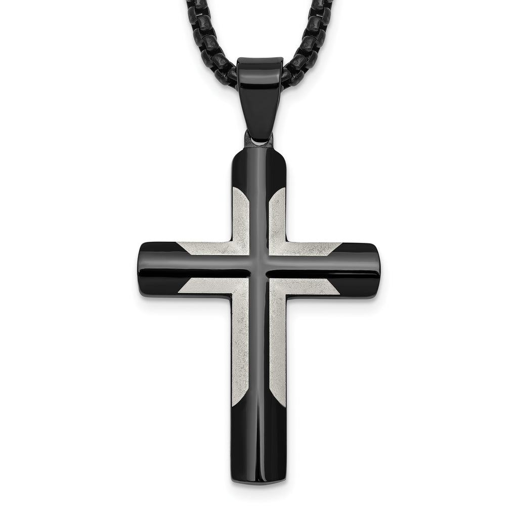 Black Ion-Plated Polished Cross Stainless Steel Rolo Chain Necklace