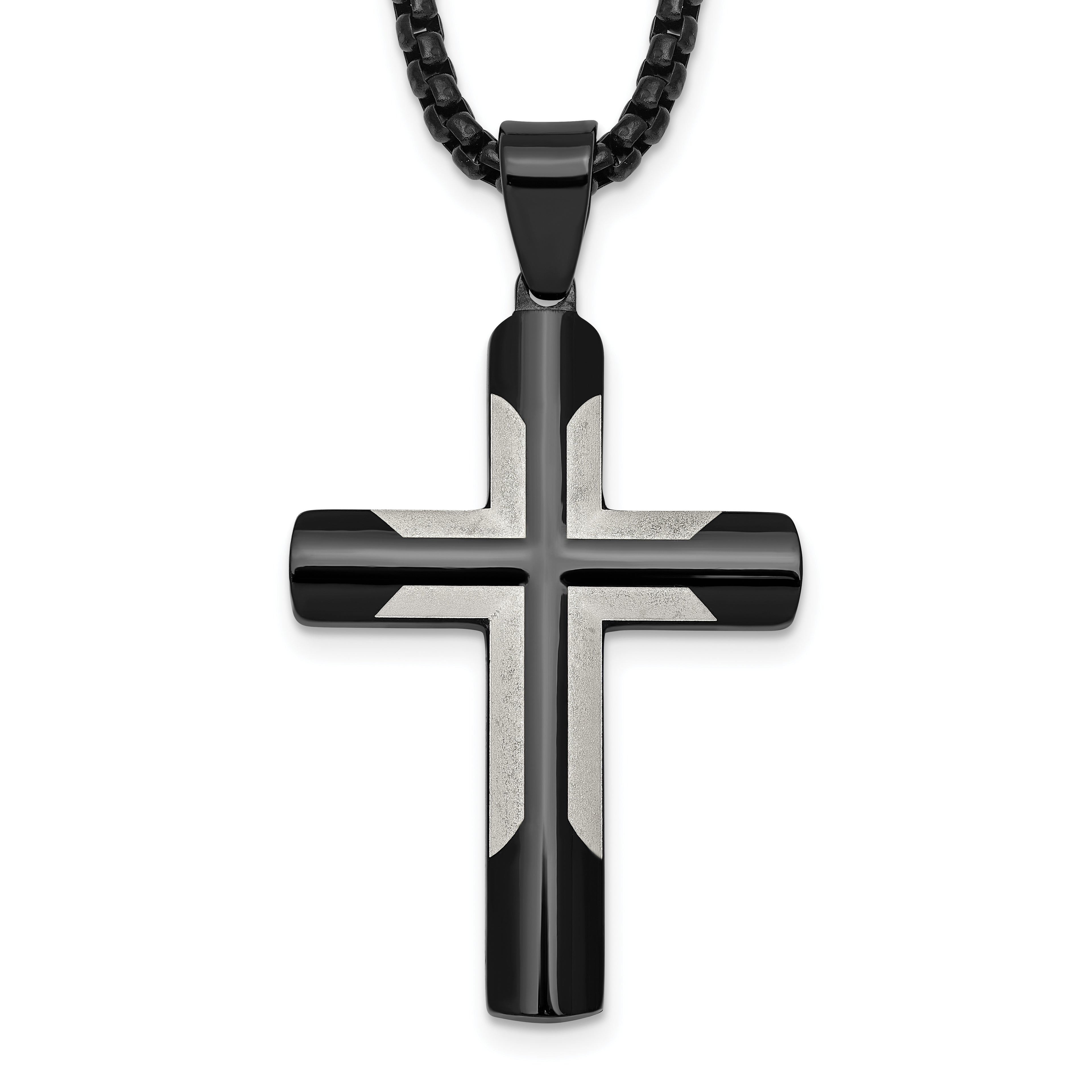 Black Ion-Plated Polished Cross Stainless Steel Rolo Chain Necklace