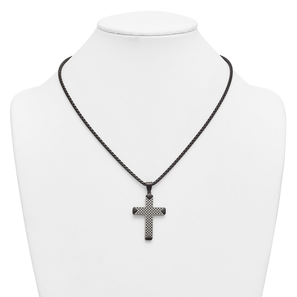 Black Ion-Plated Brushed and Polished Cross Stainless Steel Rolo Chain Necklace