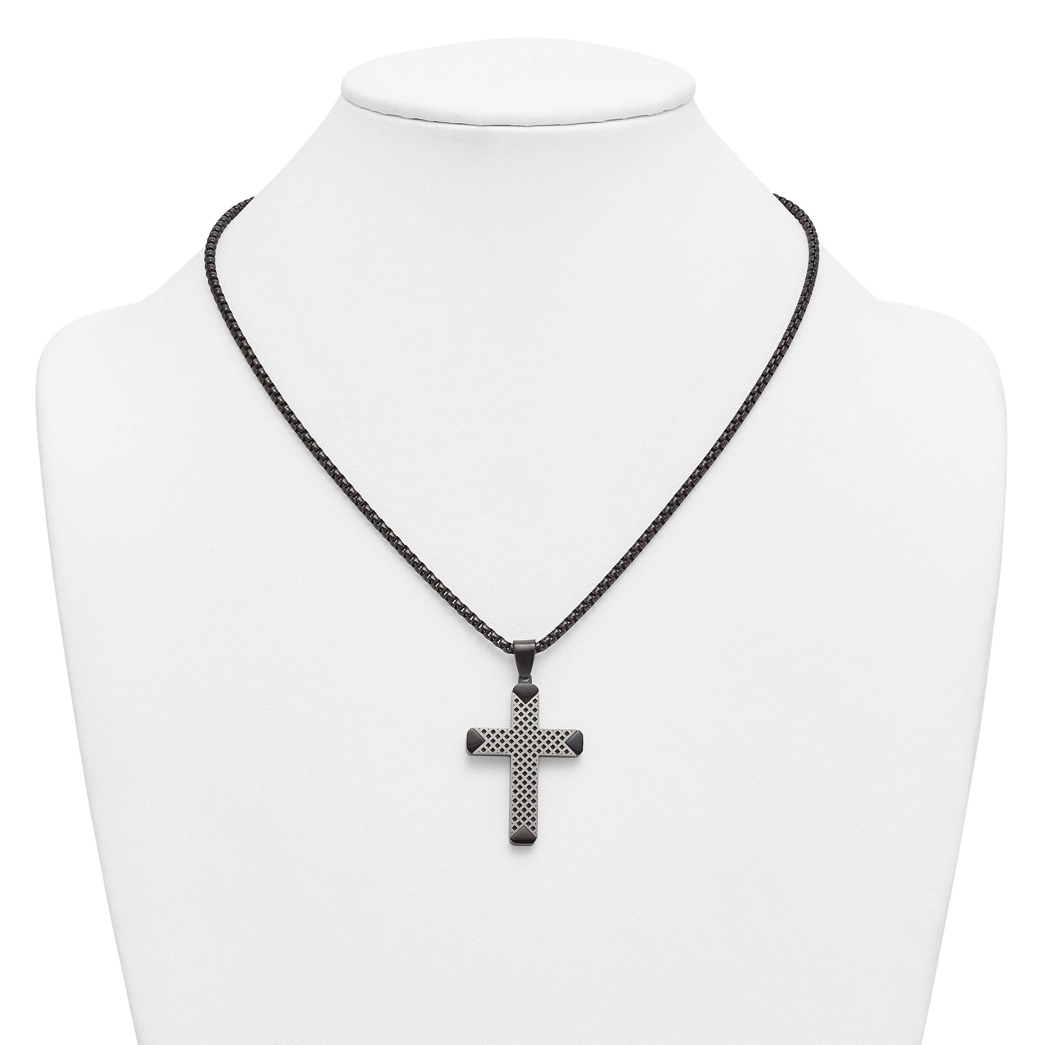 Black Ion-Plated Brushed and Polished Cross Stainless Steel Rolo Chain Necklace