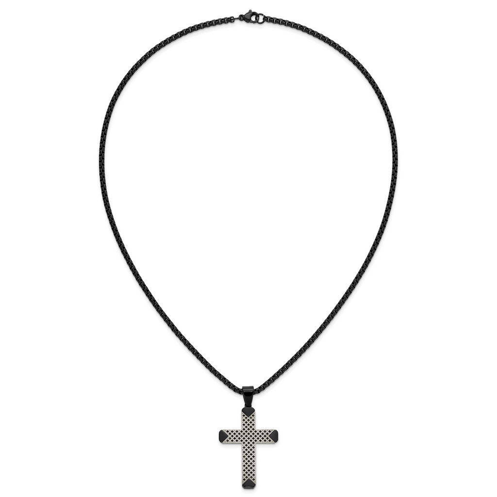 Black Ion-Plated Brushed and Polished Cross Stainless Steel Rolo Chain Necklace