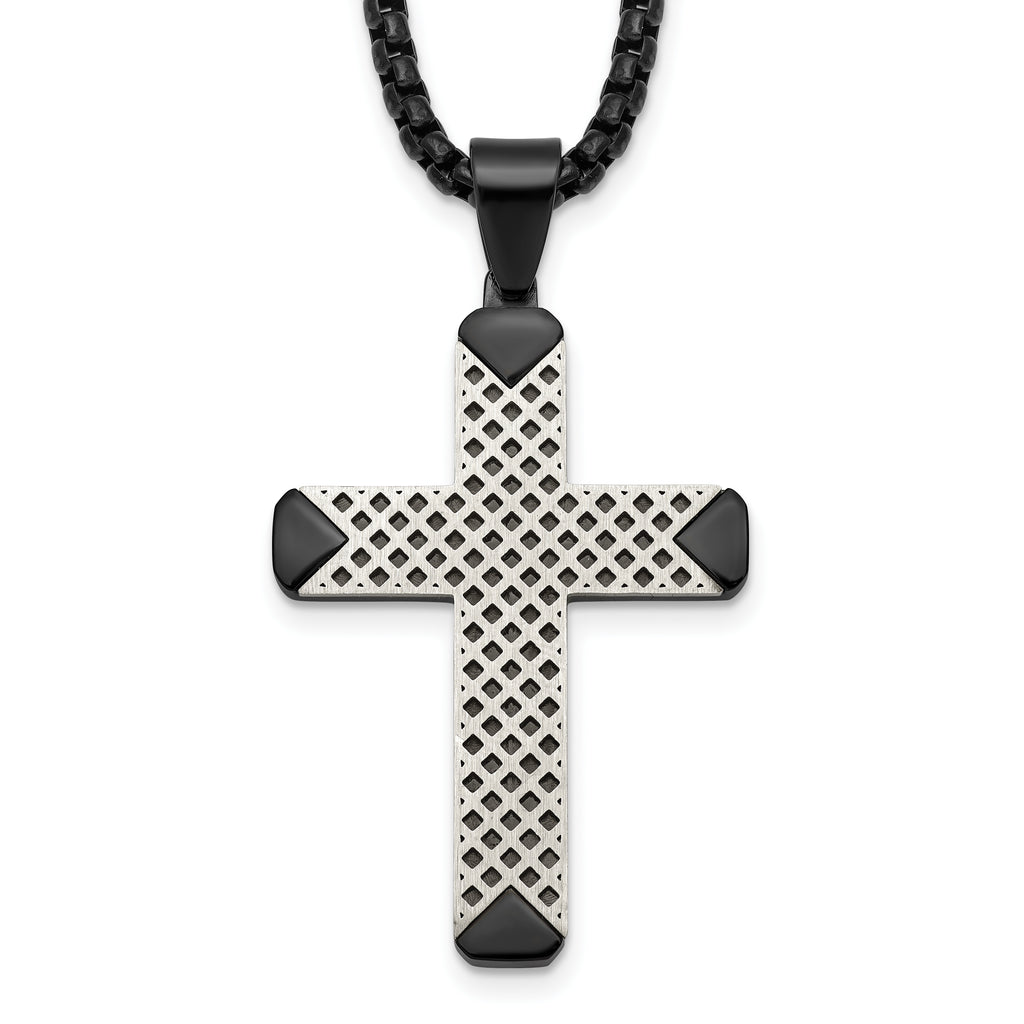 Black Ion-Plated Brushed and Polished Cross Stainless Steel Rolo Chain Necklace