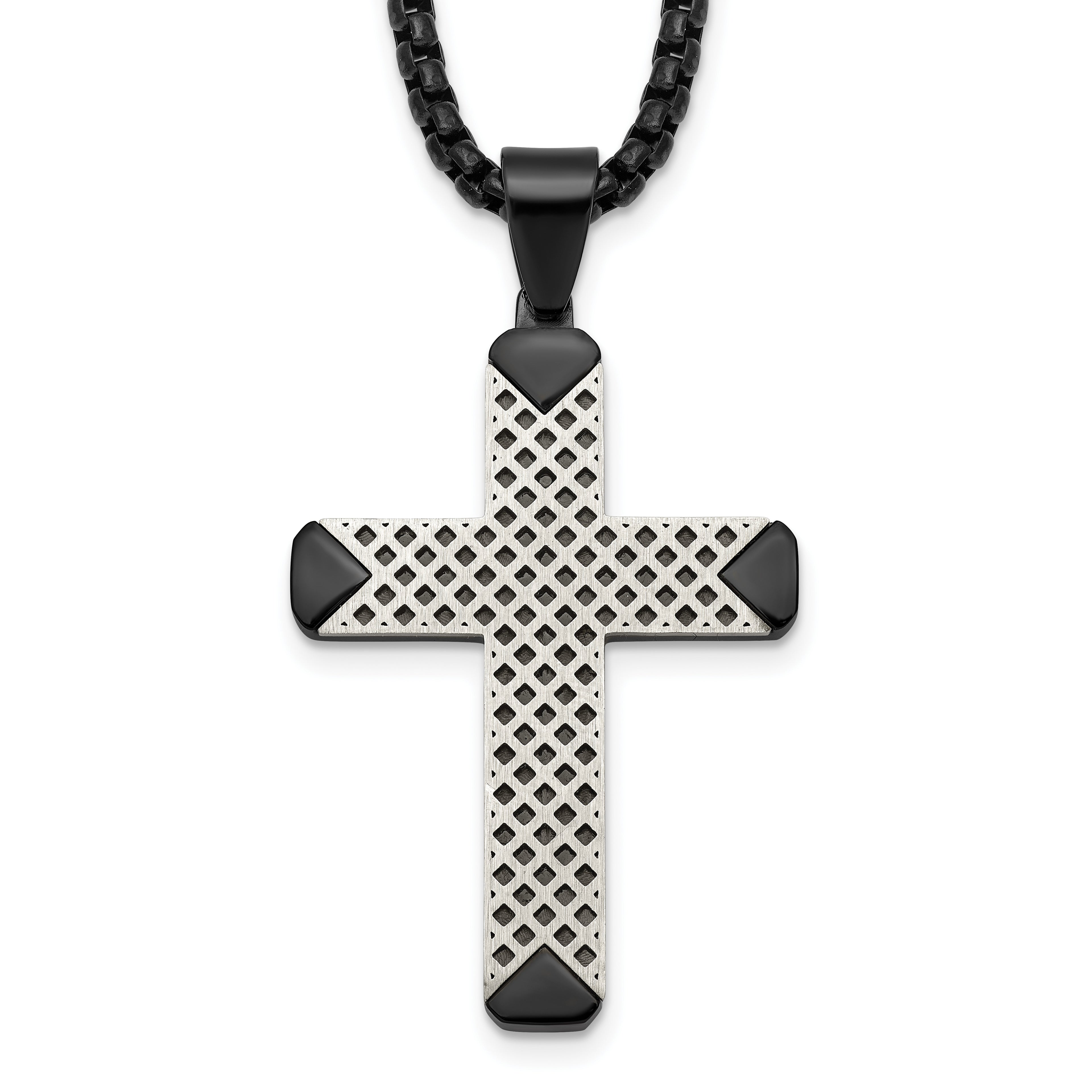 Black Ion-Plated Brushed and Polished Cross Stainless Steel Rolo Chain Necklace