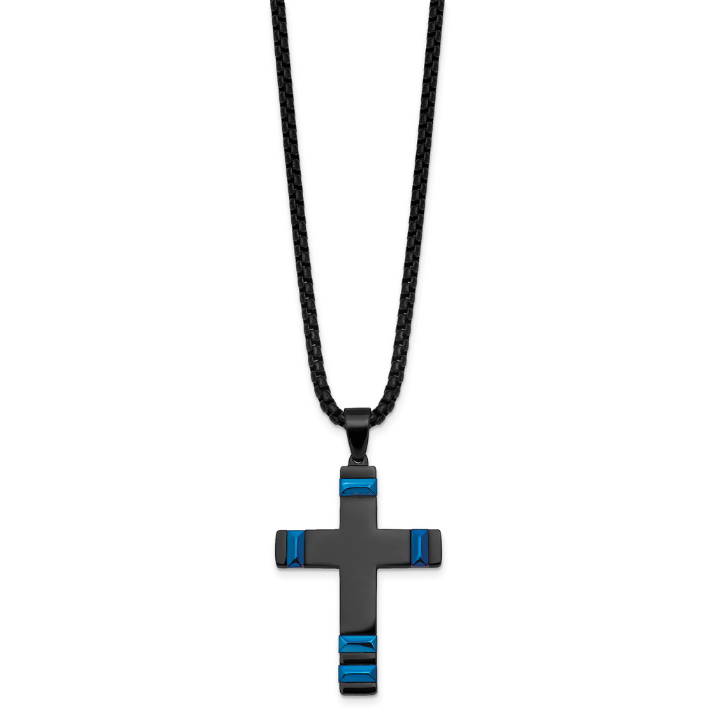 Black Ion-Plated Polished Cross Stainless Steel Rolo Chain Necklace 20in