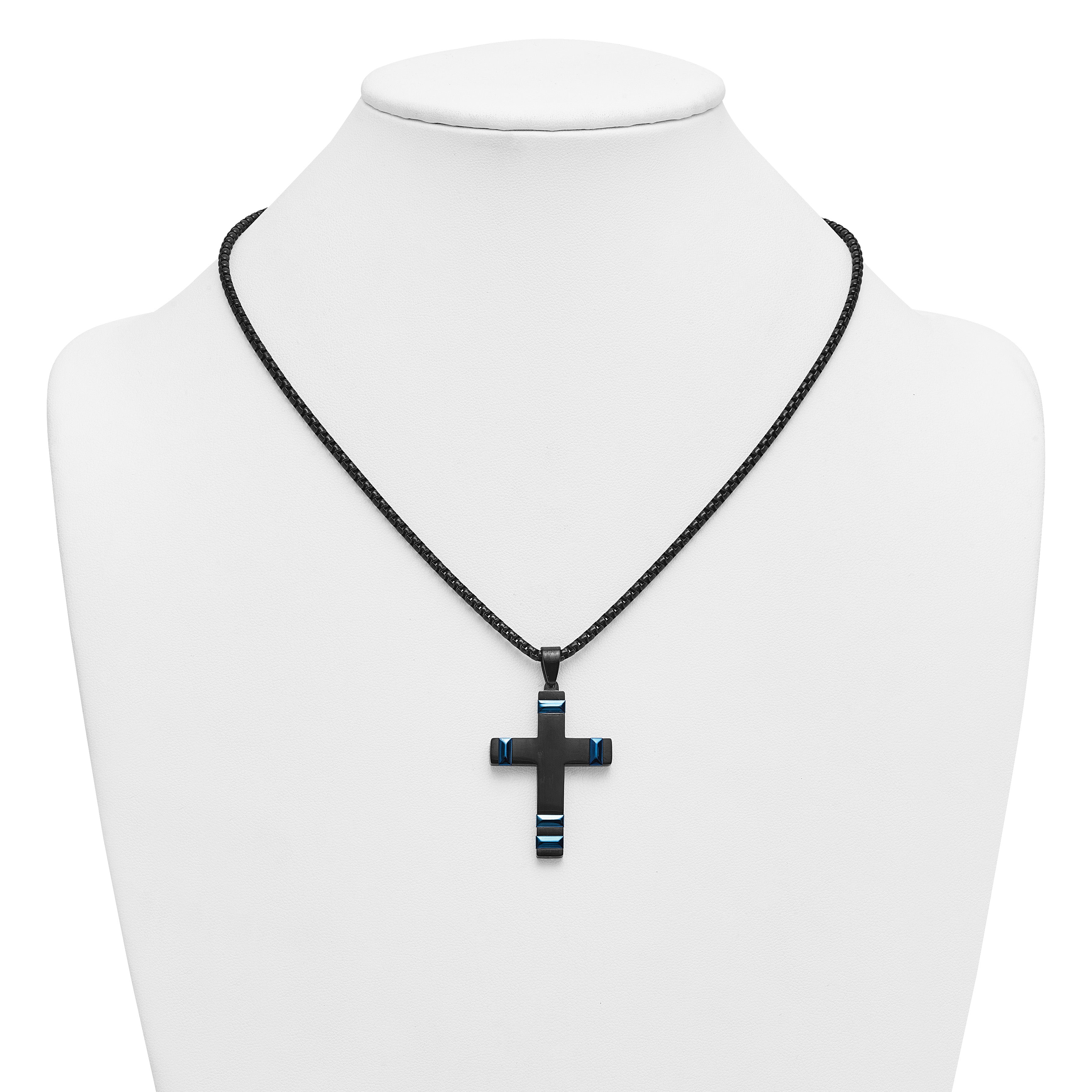 Black Ion-Plated Polished Cross Stainless Steel Rolo Chain Necklace 20in