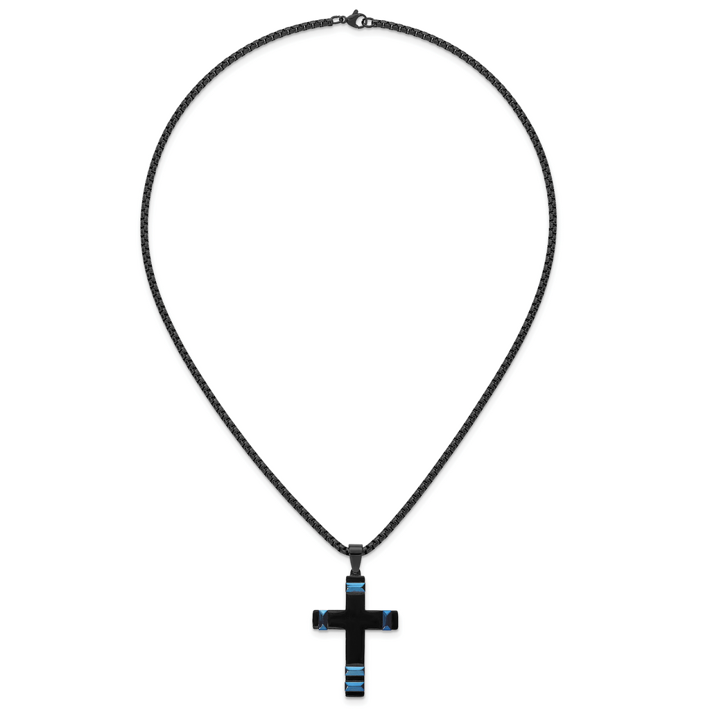 Black Ion-Plated Polished Cross Stainless Steel Rolo Chain Necklace 20in