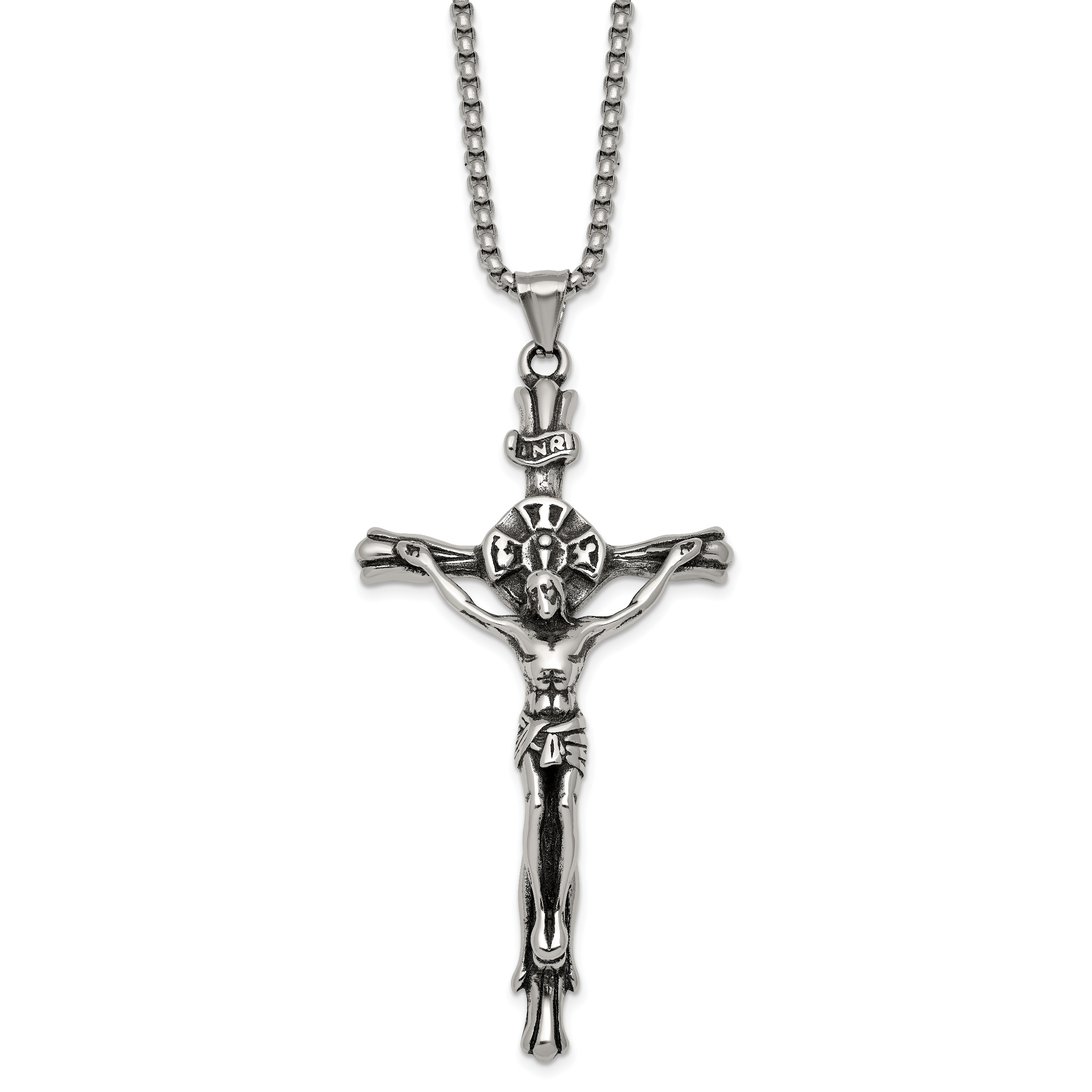 Polished INRI Stainless Steel Rolo Chain Necklace