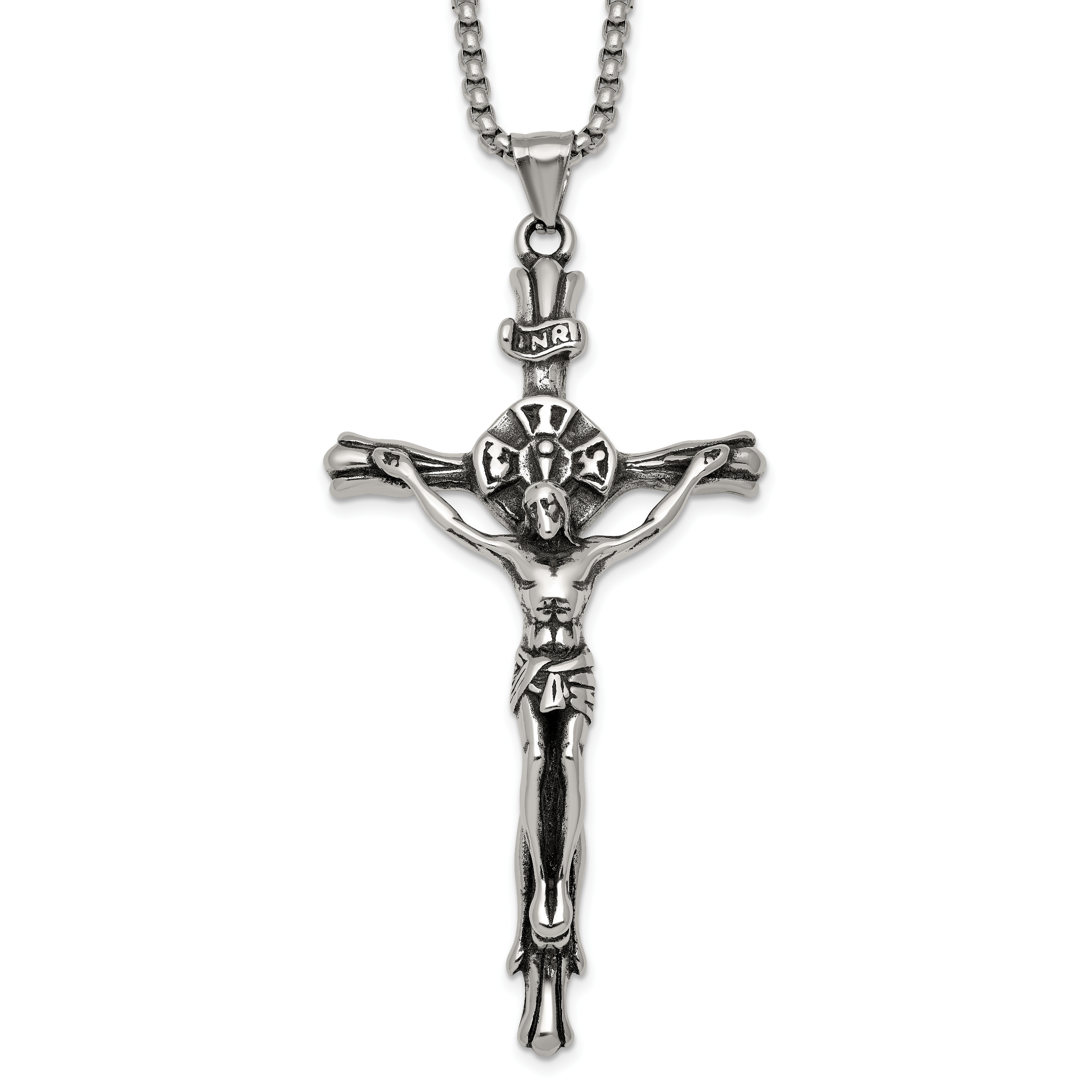 Polished INRI Stainless Steel Rolo Chain Necklace