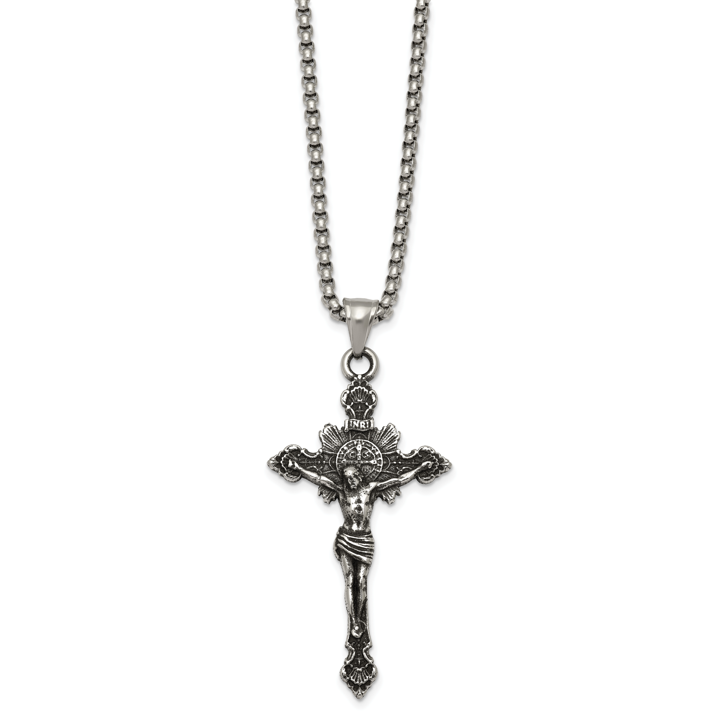Antiqued INRI Stainless Steel Rolo Chain Necklace