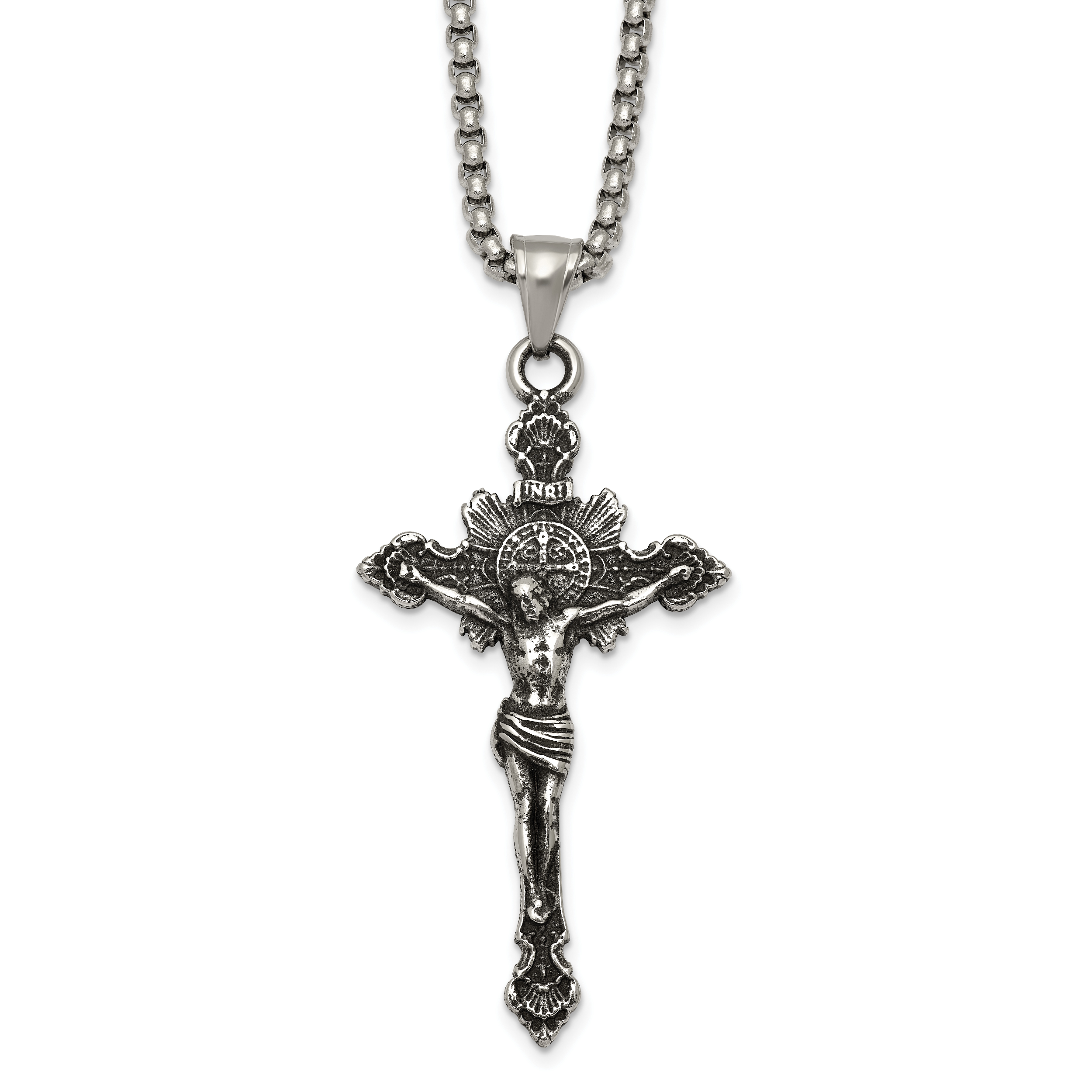 Antiqued INRI Stainless Steel Rolo Chain Necklace