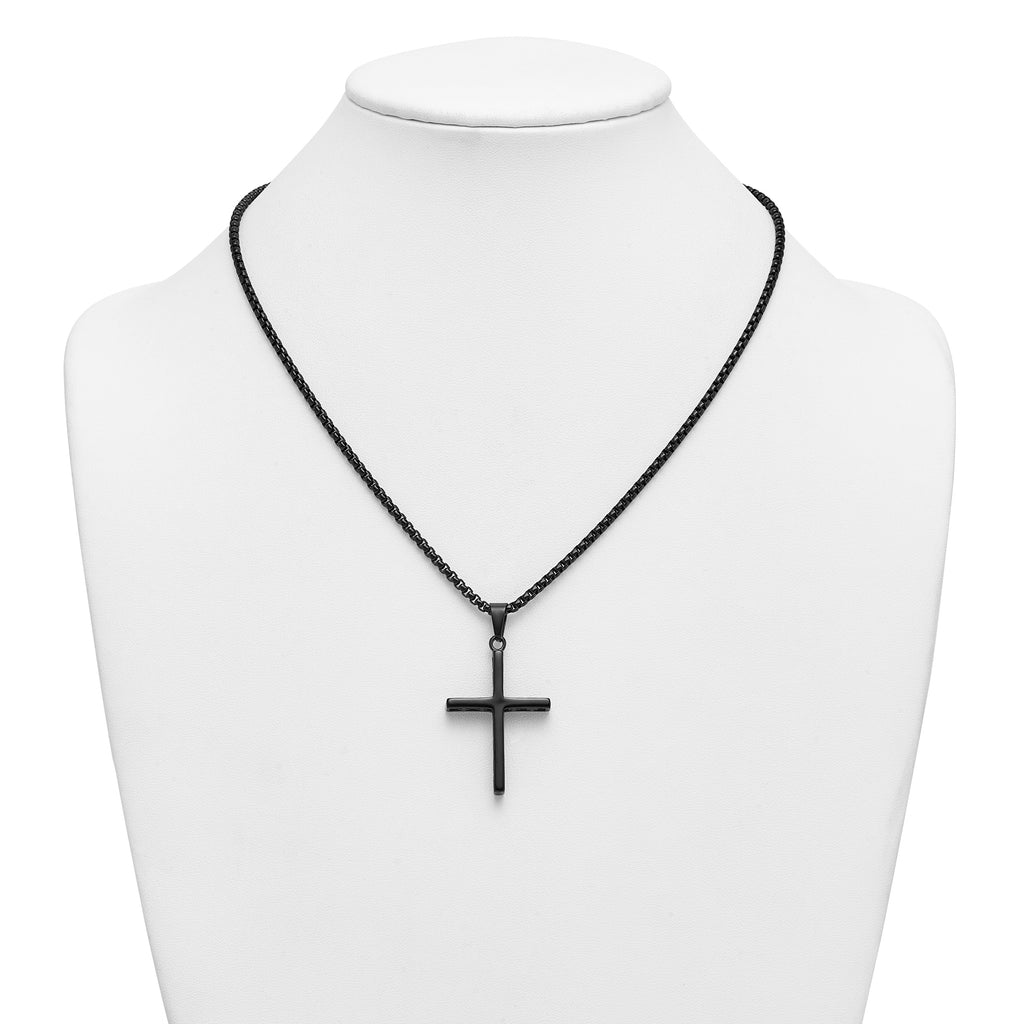 Black Ion-Plated Polished Cross Stainless Steel Rolo Chain Necklace 20in