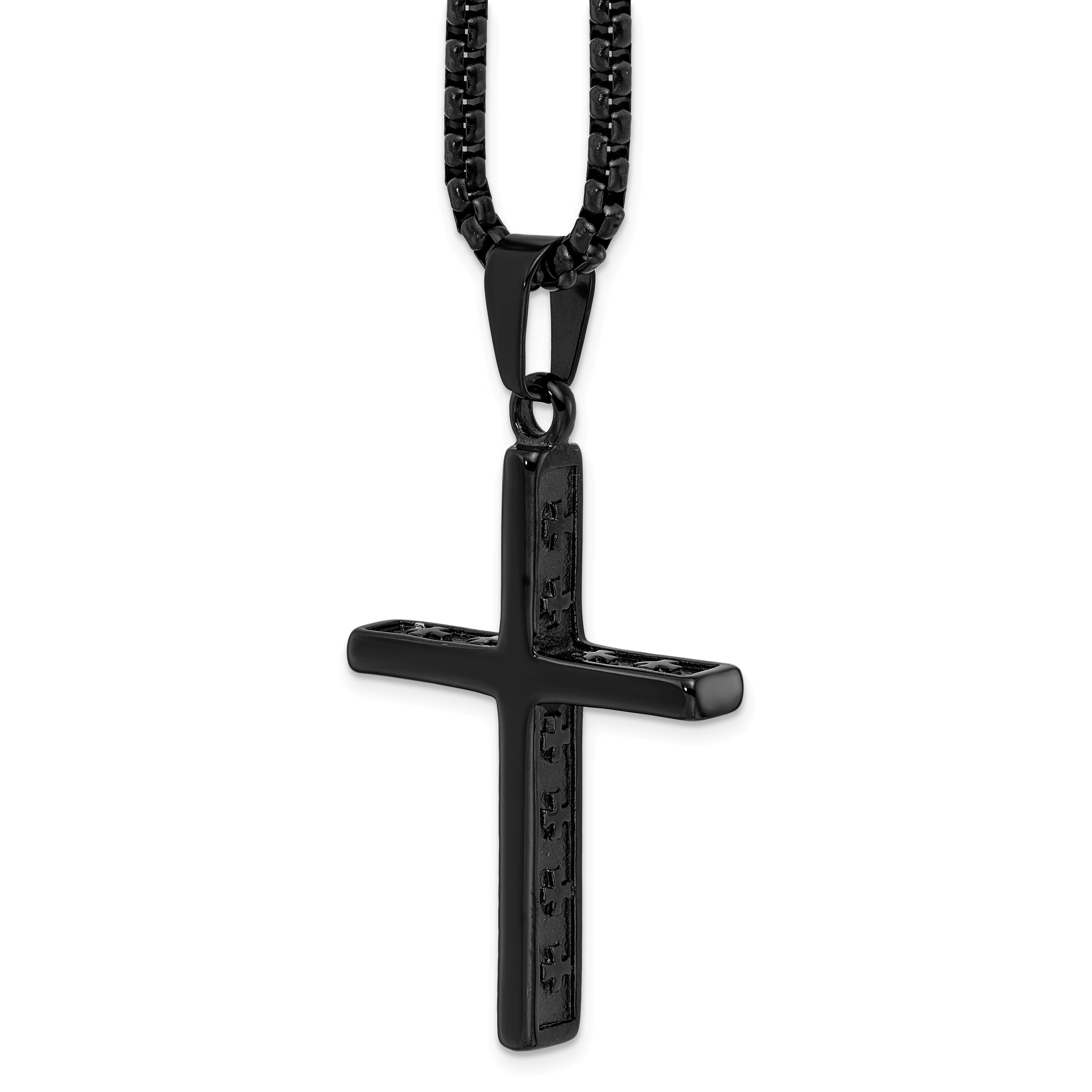 Black Ion-Plated Polished Cross Stainless Steel Rolo Chain Necklace 20in