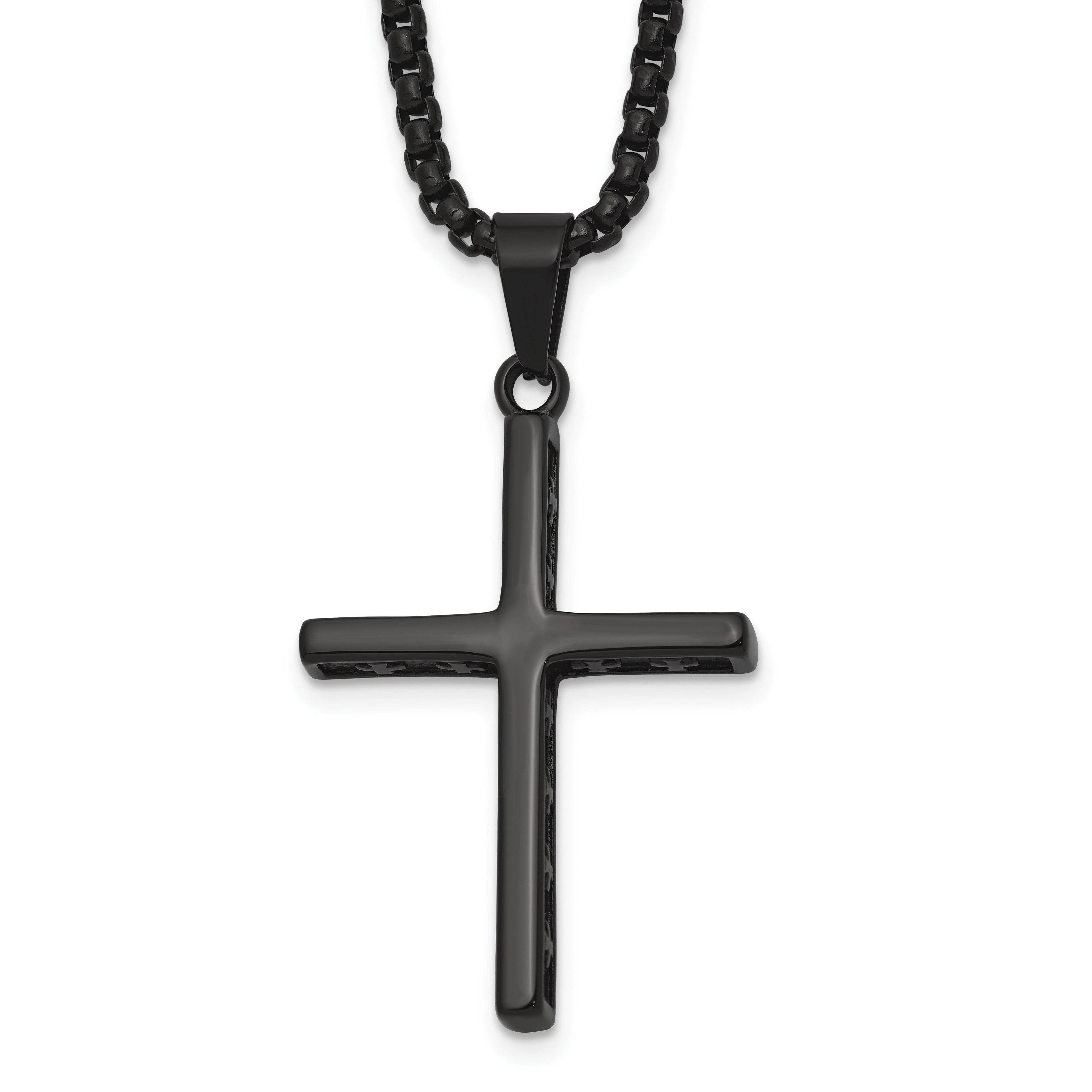 Black Ion-Plated Polished Cross Stainless Steel Rolo Chain Necklace 20in
