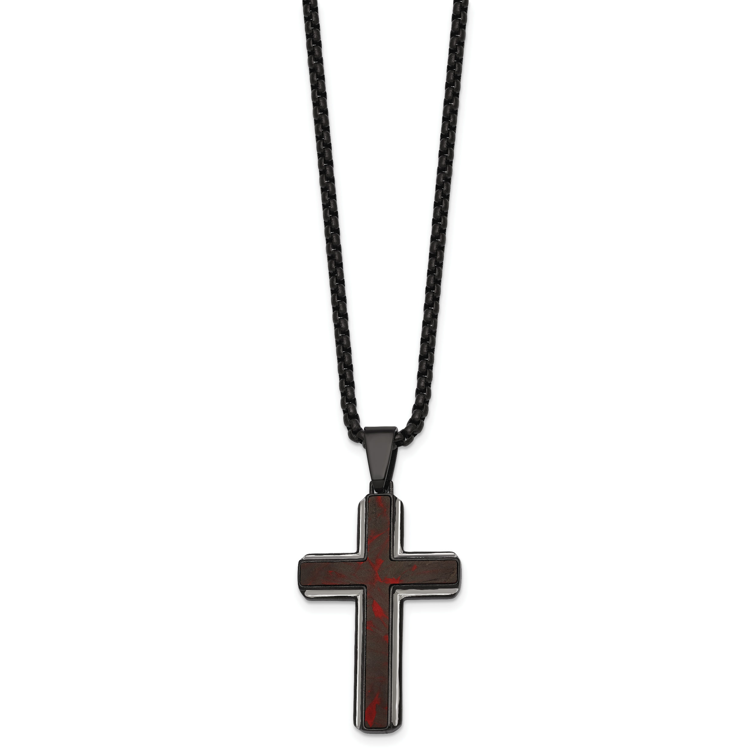 Black Ion-Plated Polished Cross Stainless Steel Rolo Chain Necklace 24in