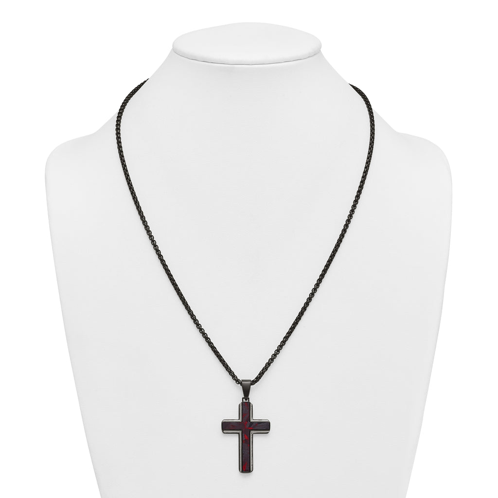 Black Ion-Plated Polished Cross Stainless Steel Rolo Chain Necklace 24in