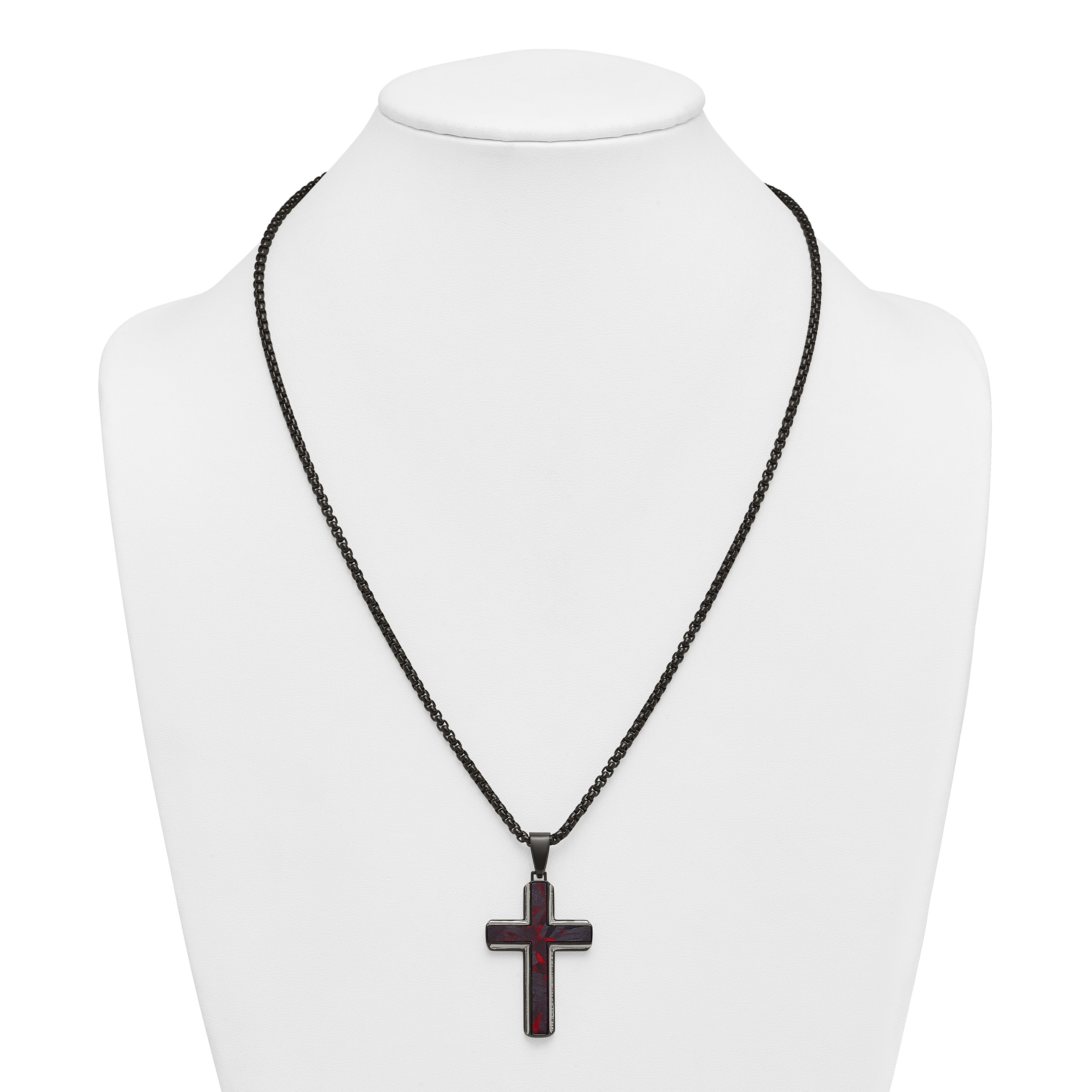 Black Ion-Plated Polished Cross Stainless Steel Rolo Chain Necklace 24in
