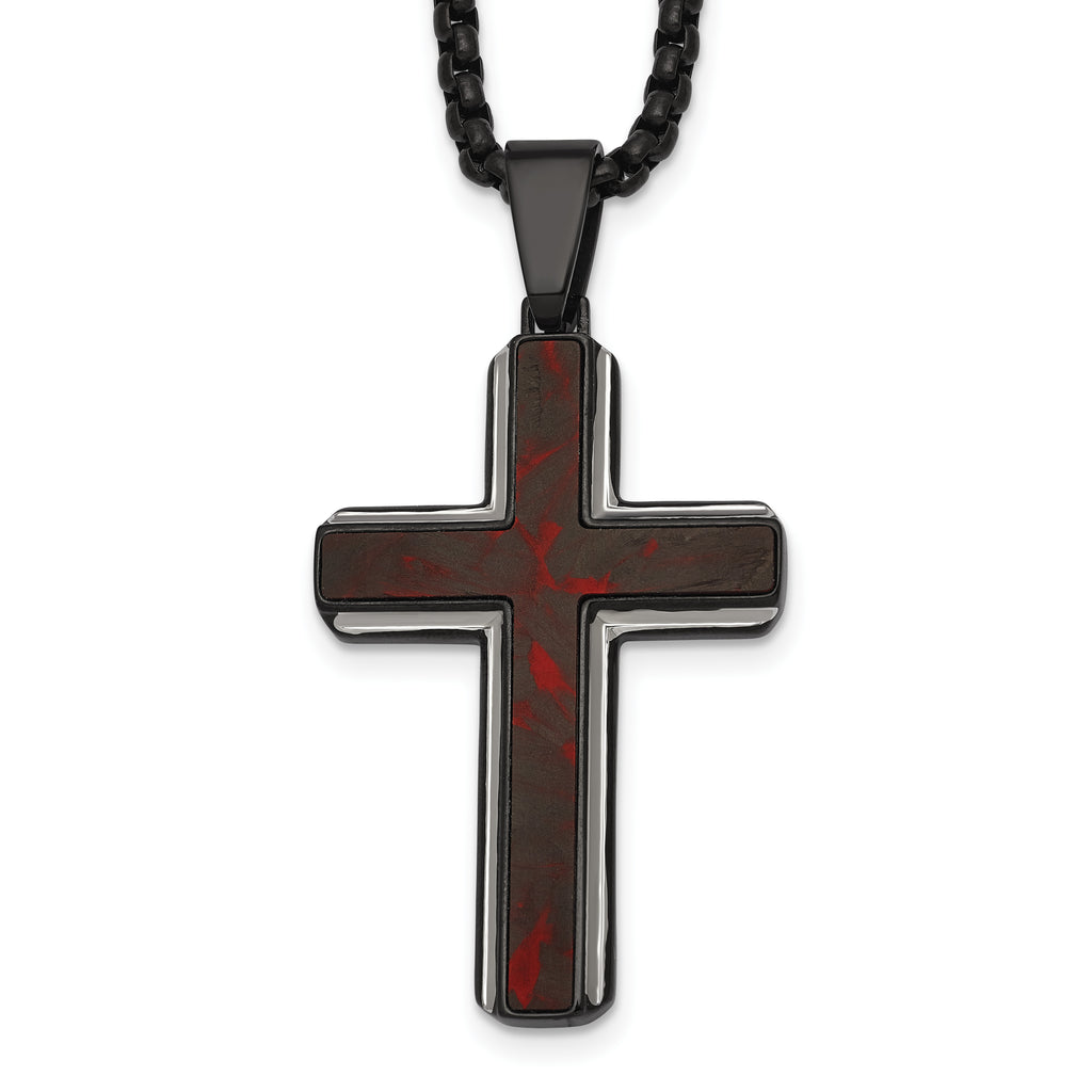 Black Ion-Plated Polished Cross Stainless Steel Rolo Chain Necklace 24in