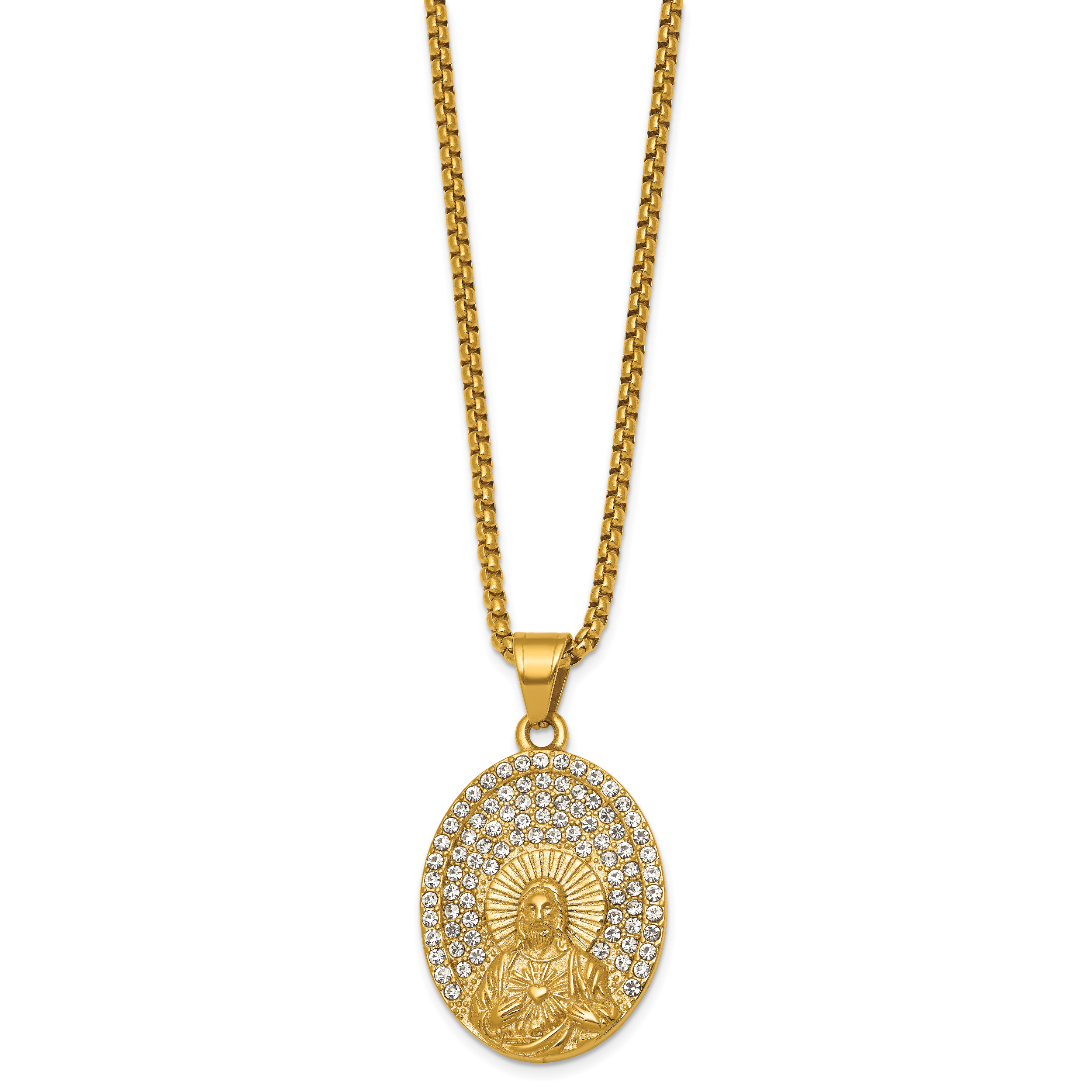 Gold-Tone Polished Crystal Heart Stainless Steel Rolo Chain Necklace Secondary image