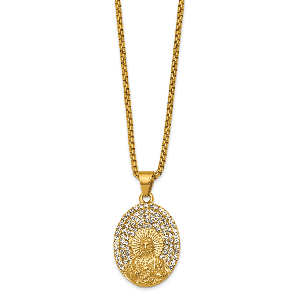 Gold-Tone Polished Crystal Heart Stainless Steel Rolo Chain Necklace