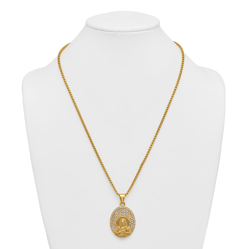Gold-Tone Polished Crystal Heart Stainless Steel Rolo Chain Necklace