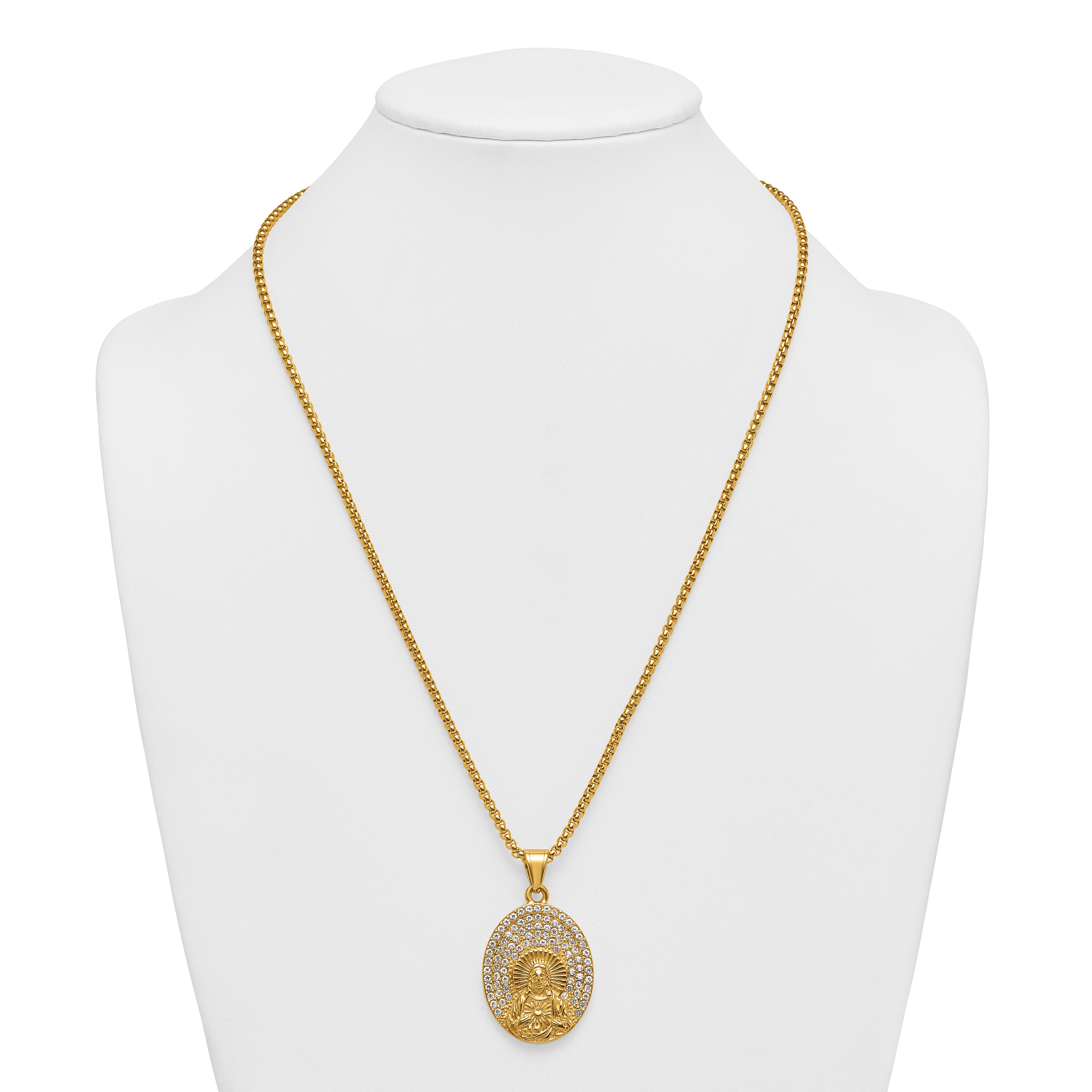 Gold-Tone Polished Crystal Heart Stainless Steel Rolo Chain Necklace