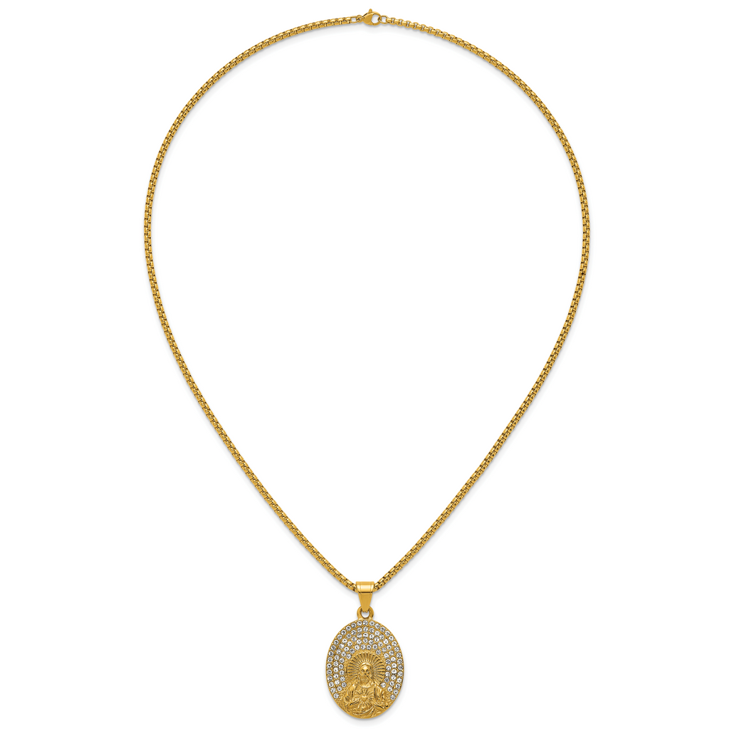 Gold-Tone Polished Crystal Heart Stainless Steel Rolo Chain Necklace