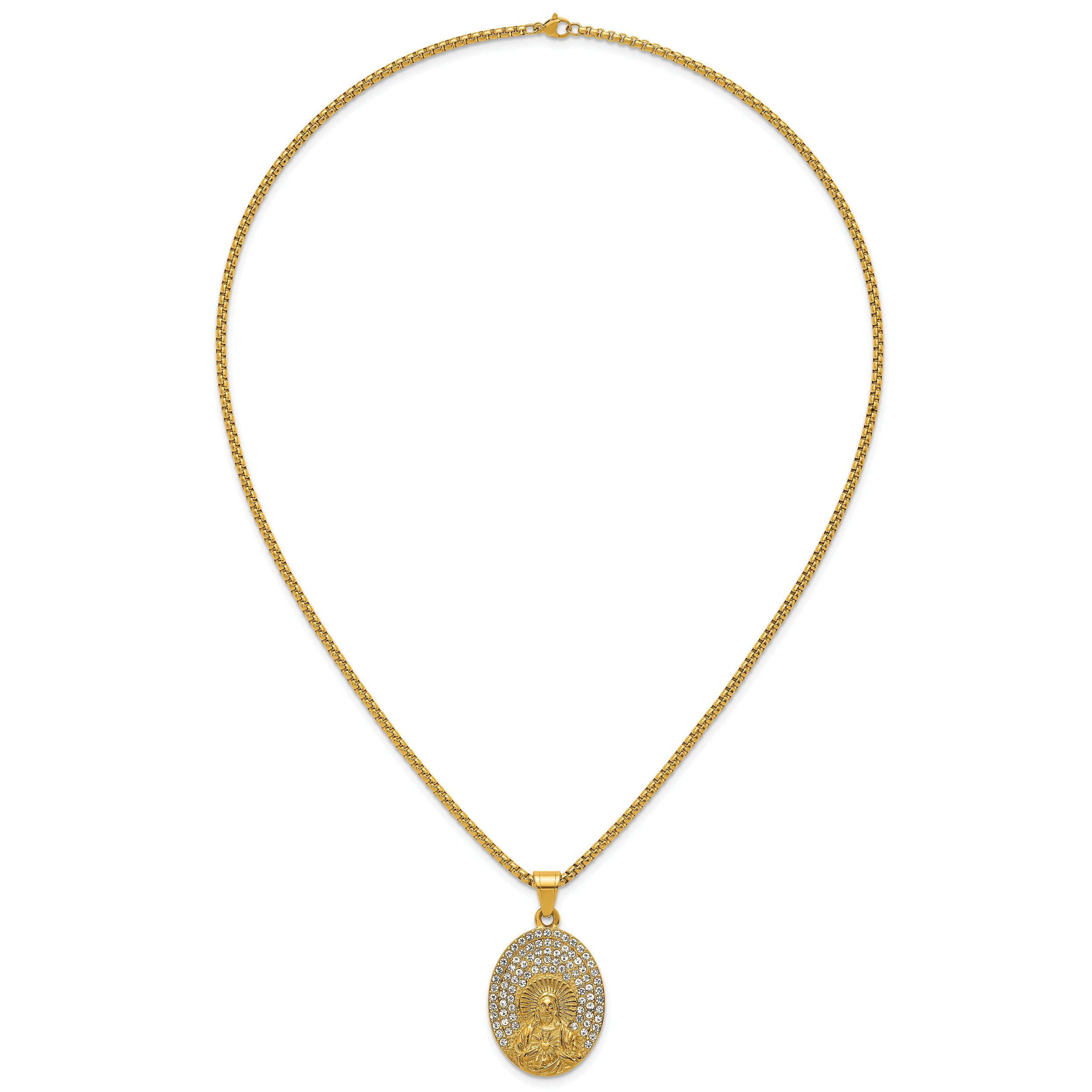 Gold-Tone Polished Crystal Heart Stainless Steel Rolo Chain Necklace