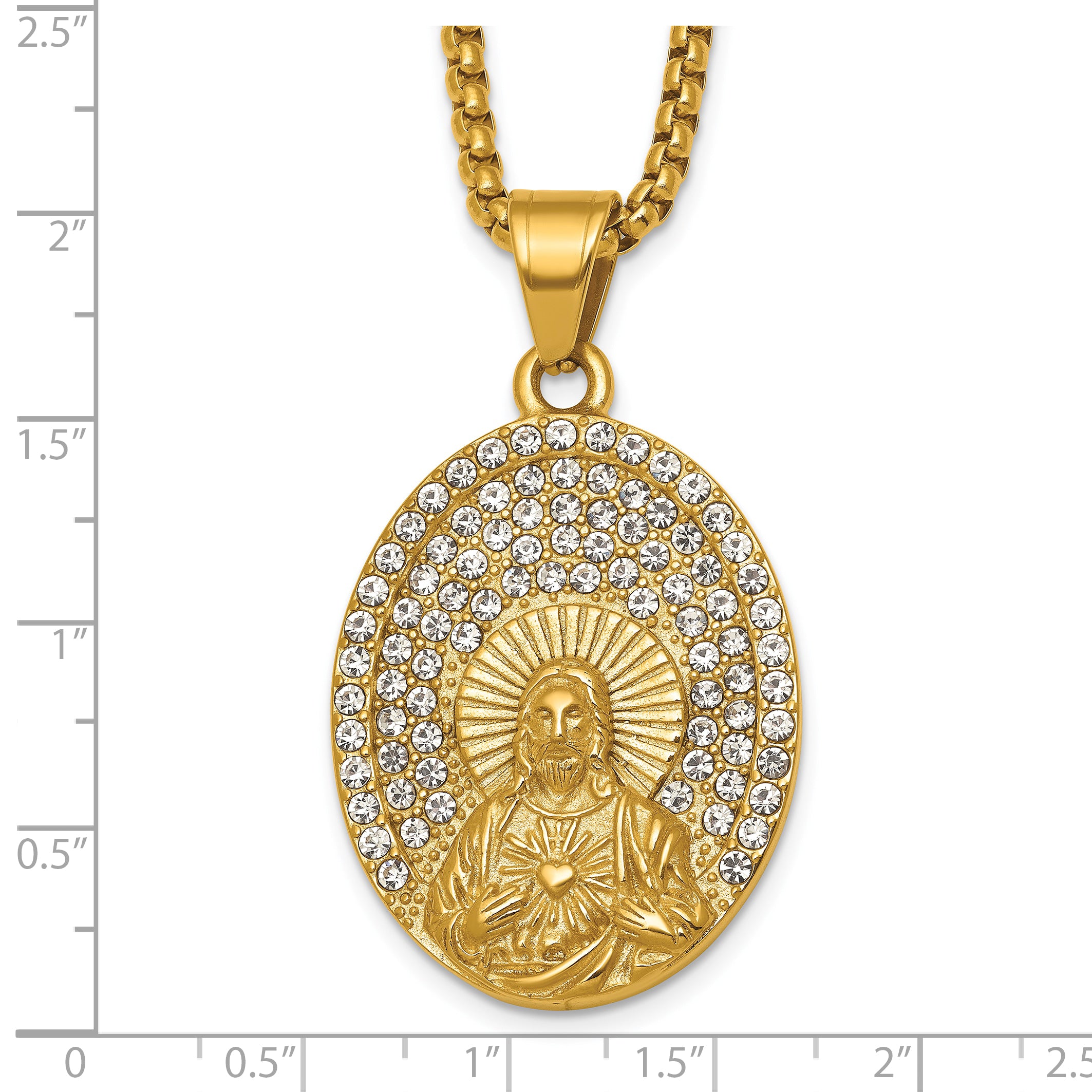 Gold-Tone Polished Crystal Heart Stainless Steel Rolo Chain Necklace