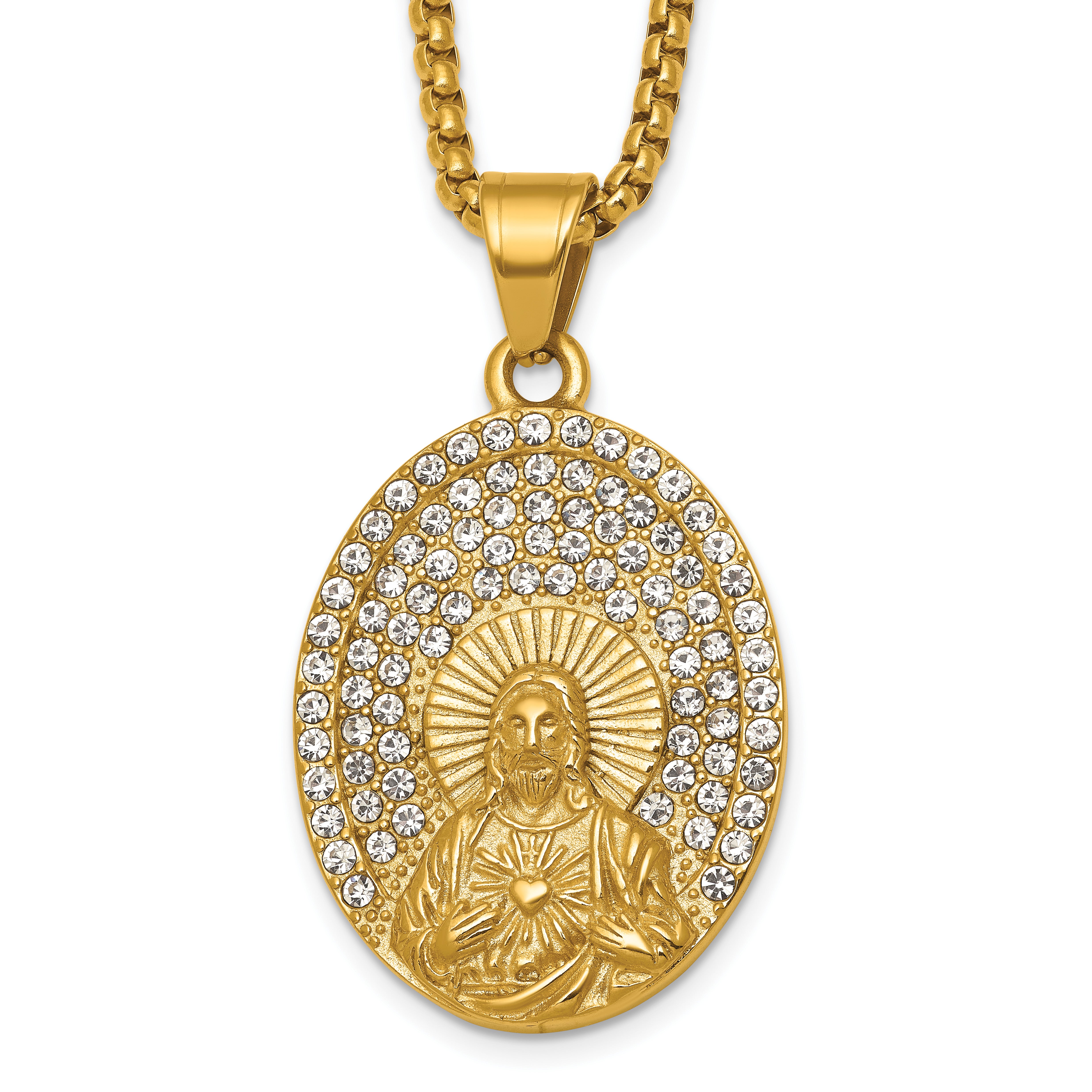 Gold-Tone Polished Crystal Heart Stainless Steel Rolo Chain Necklace Main image
