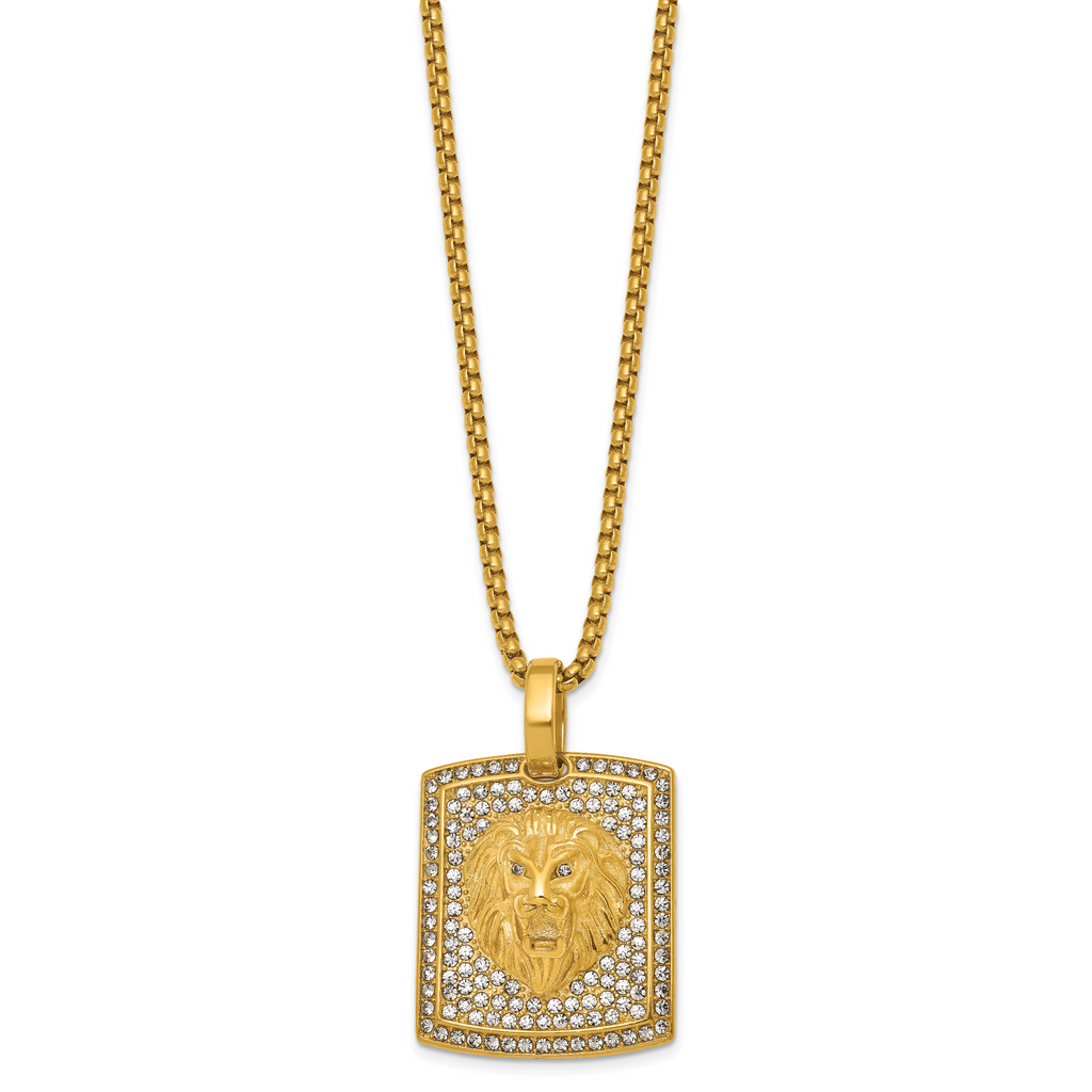 Gold-Tone Polished Crystal Lion Stainless Steel Rolo Chain Necklace