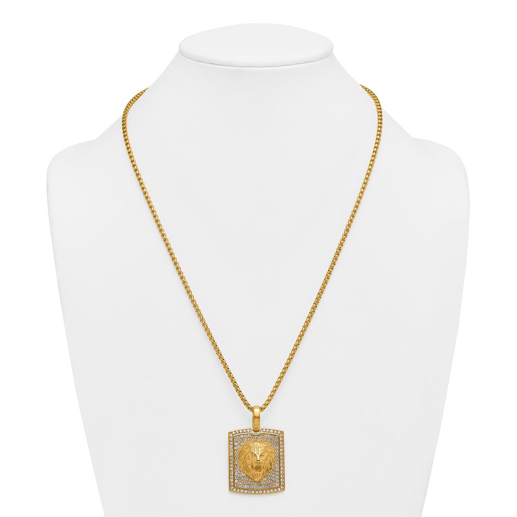 Gold-Tone Polished Crystal Lion Stainless Steel Rolo Chain Necklace