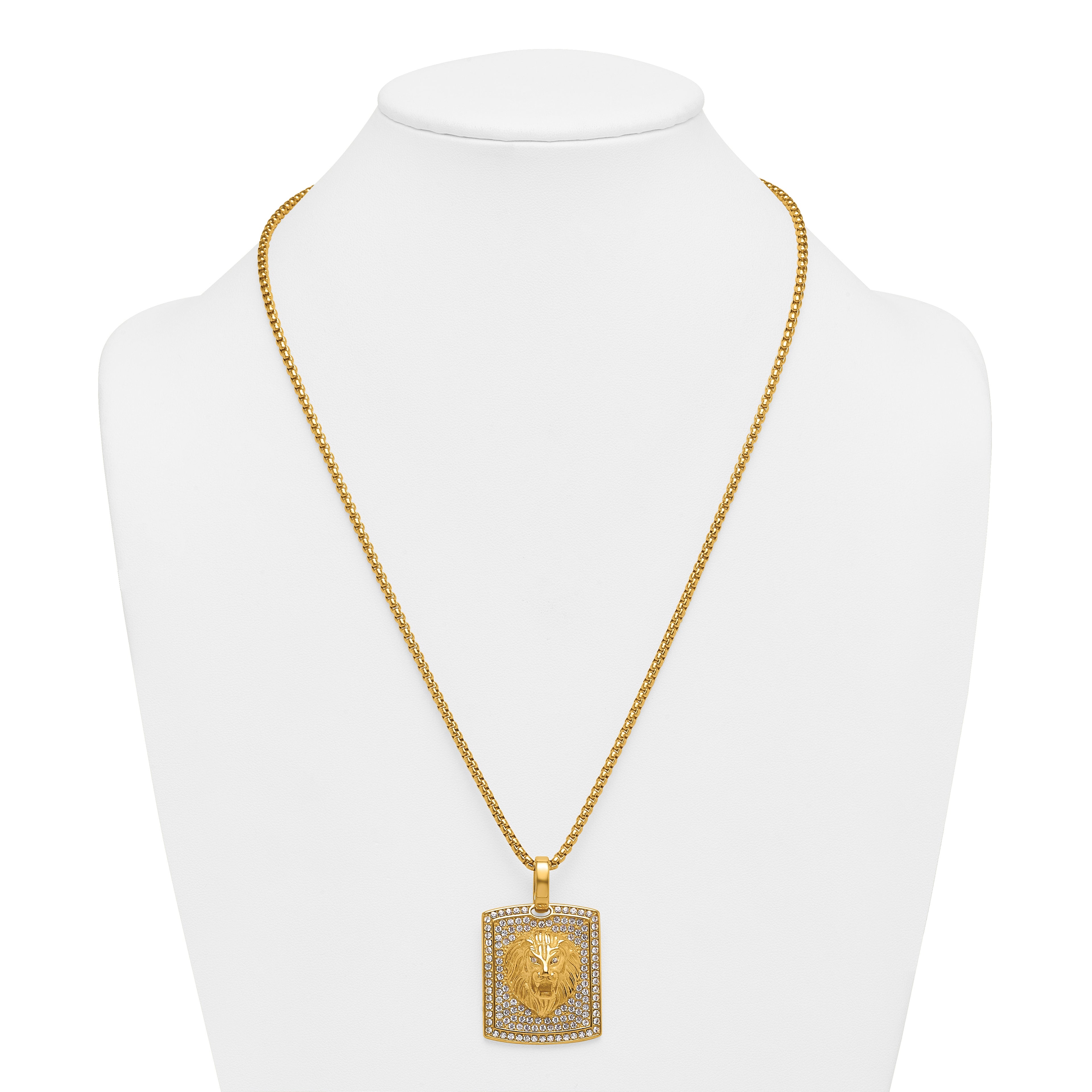 Gold-Tone Polished Crystal Lion Stainless Steel Rolo Chain Necklace