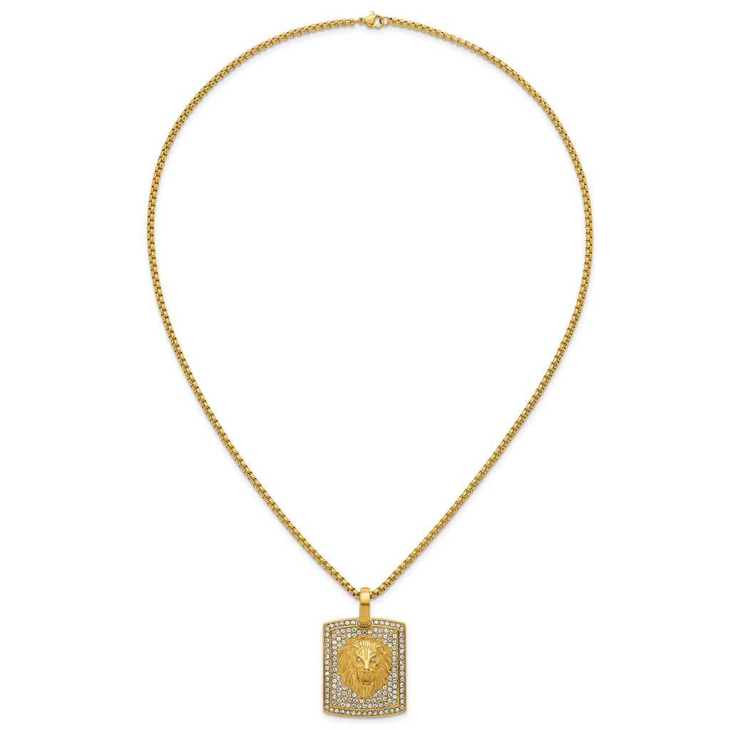 Gold-Tone Polished Crystal Lion Stainless Steel Rolo Chain Necklace