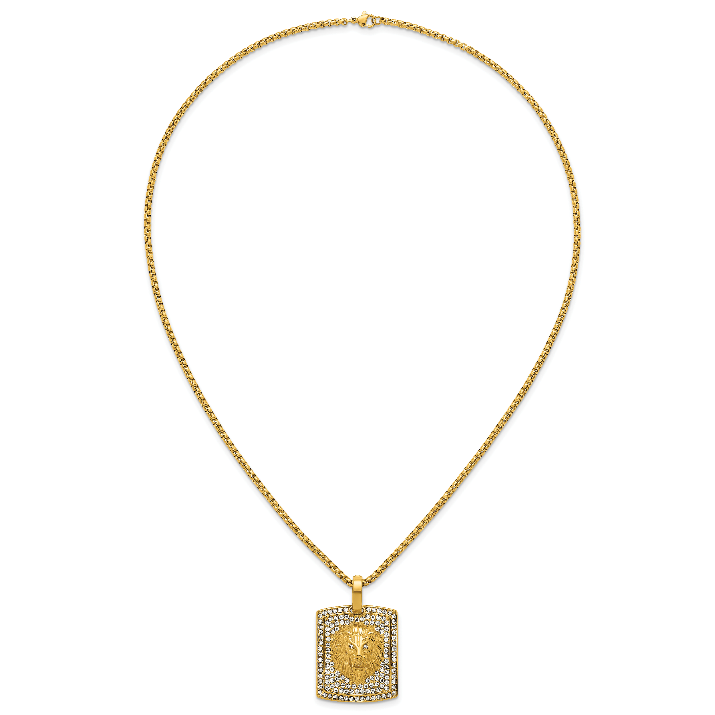 Gold-Tone Polished Crystal Lion Stainless Steel Rolo Chain Necklace