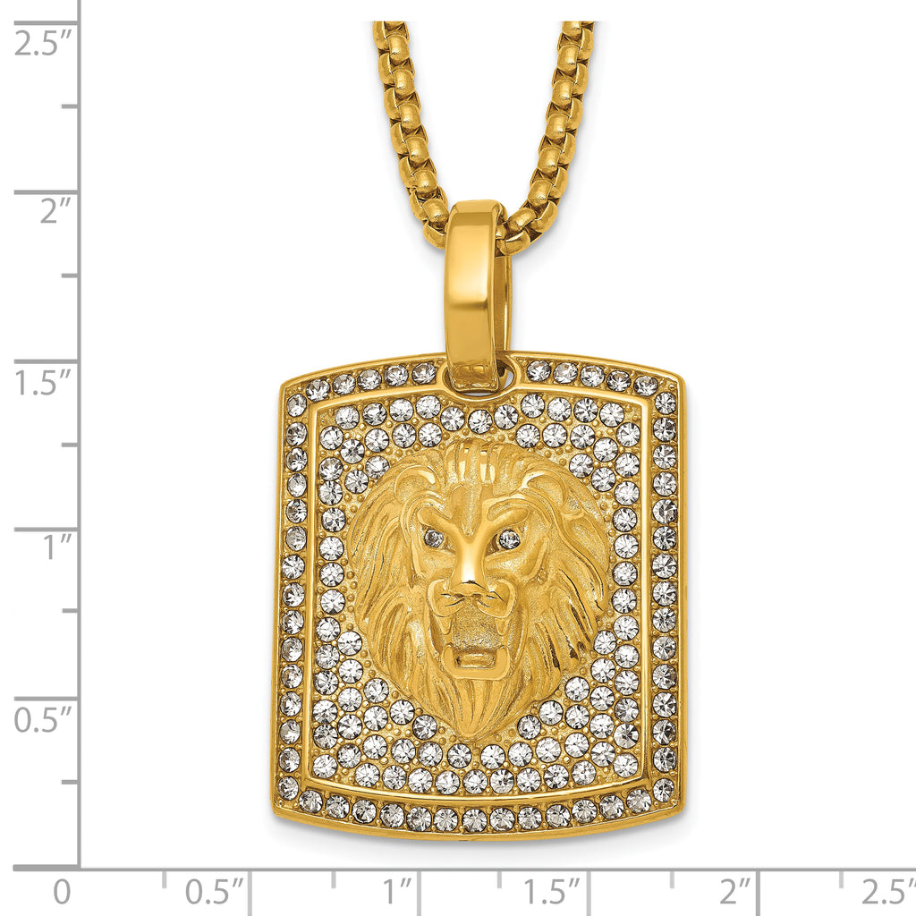 Gold-Tone Polished Crystal Lion Stainless Steel Rolo Chain Necklace
