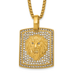 Gold-Tone Polished Crystal Lion Stainless Steel Rolo Chain Necklace